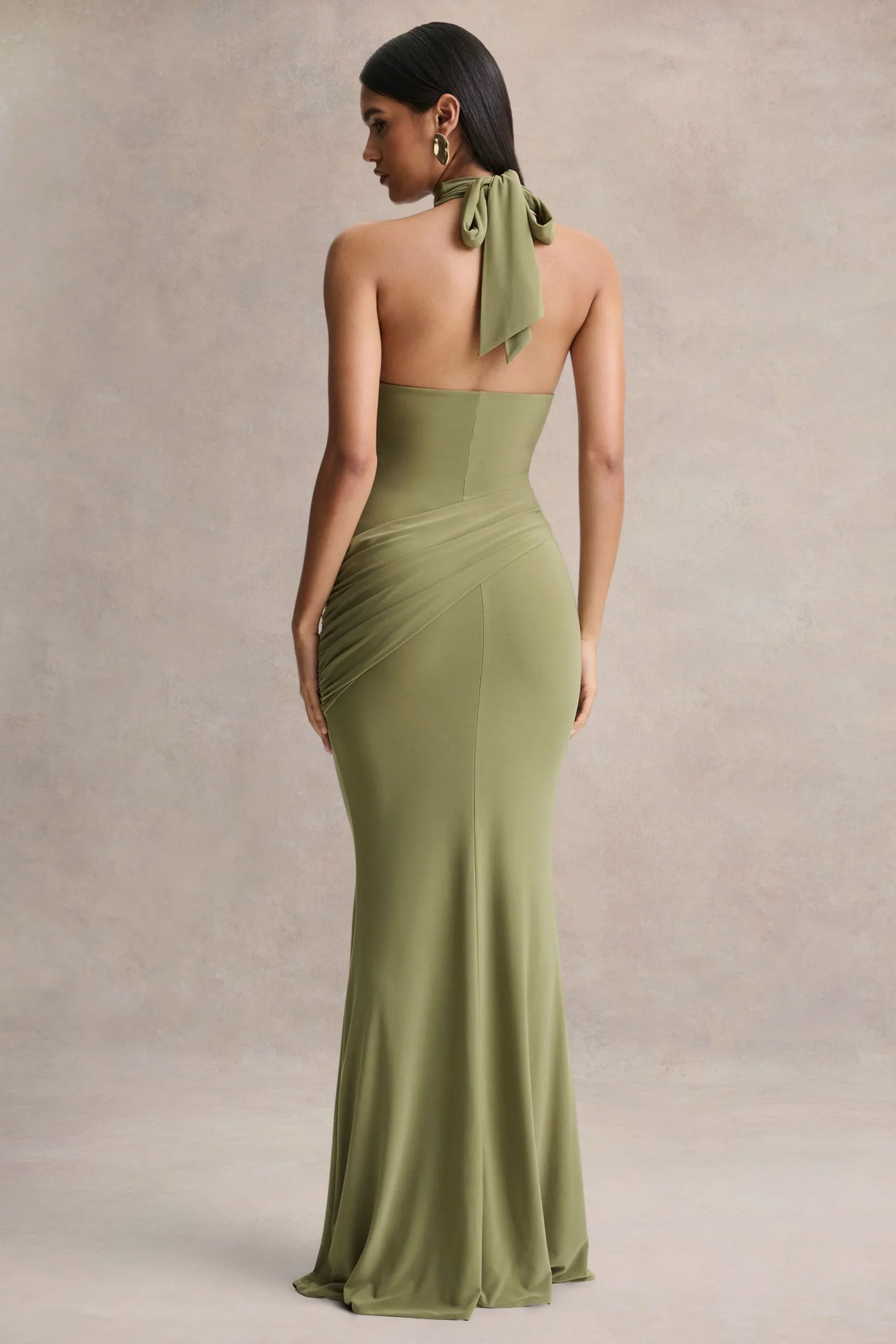 Polina | Olive High-Neck Maxi Dress With Drape And Gold-Detail
