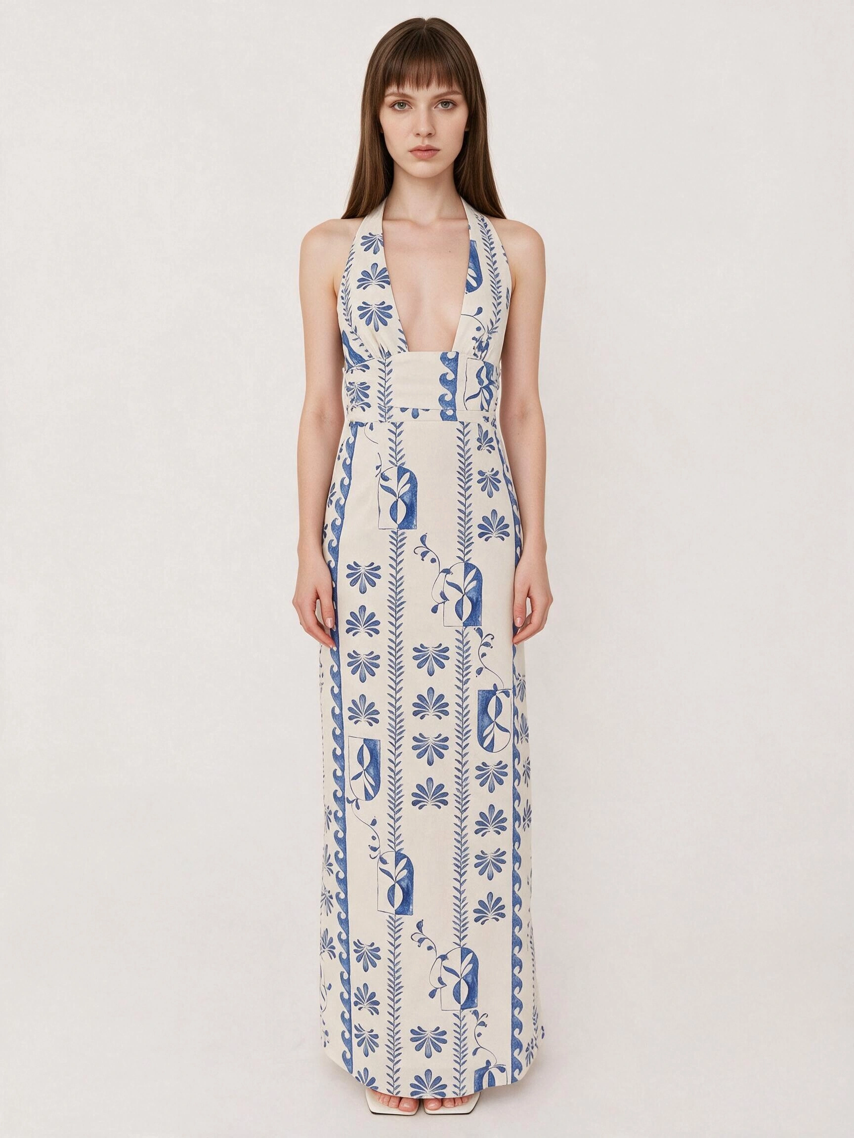 Blue and White Mediterranean Print Halter Neck Maxi Dress
