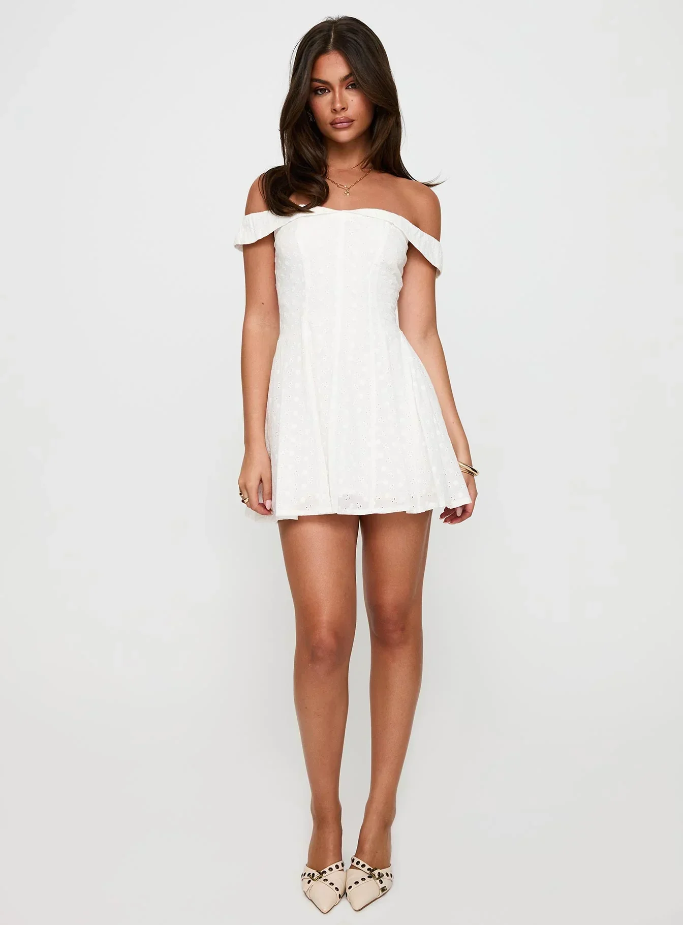 Rosebud Broderie Off The Shoulder Mini Dress White - luluinthesky