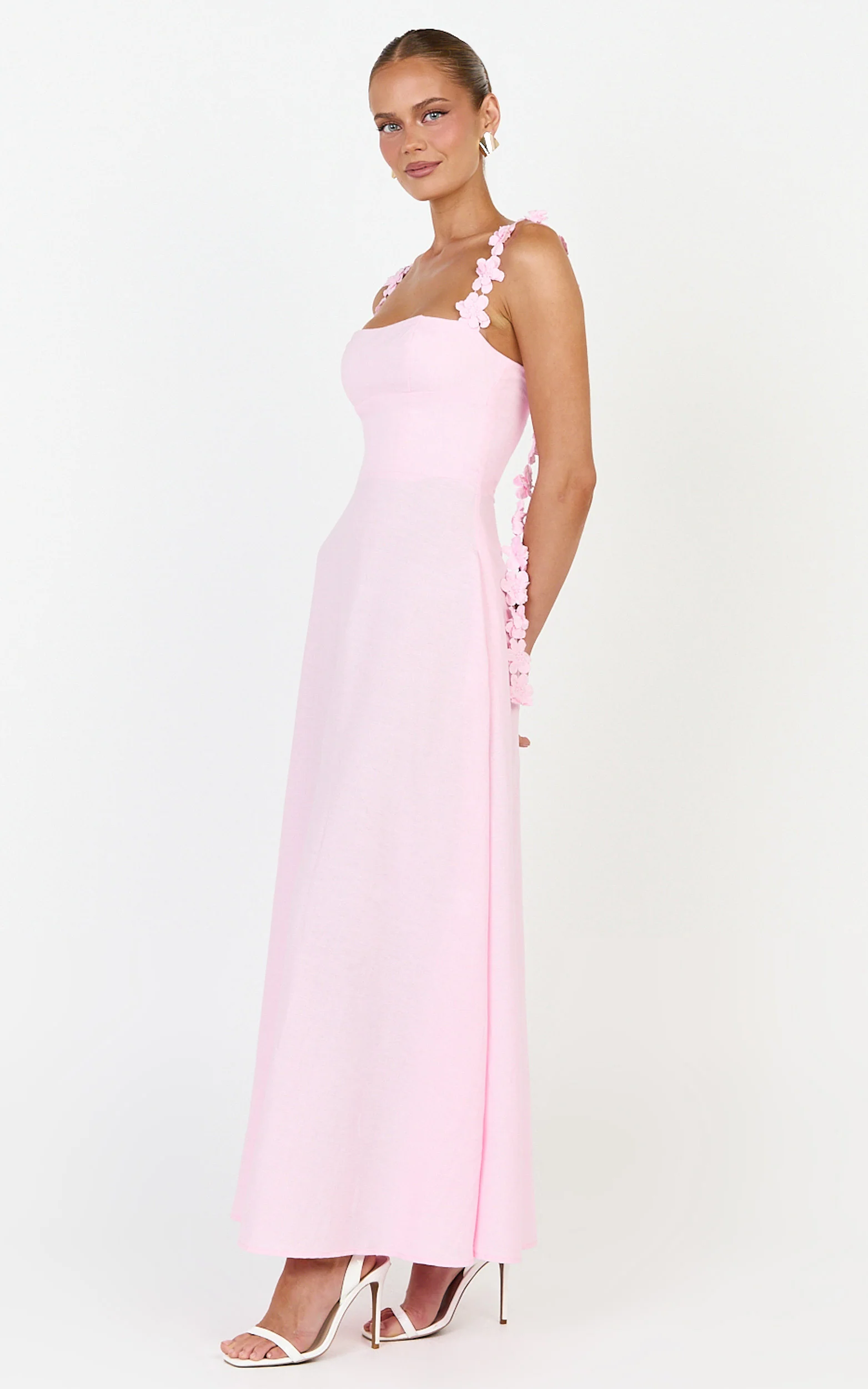 Clementine Midi Dress - 3D Floral Strap Dress in Pink