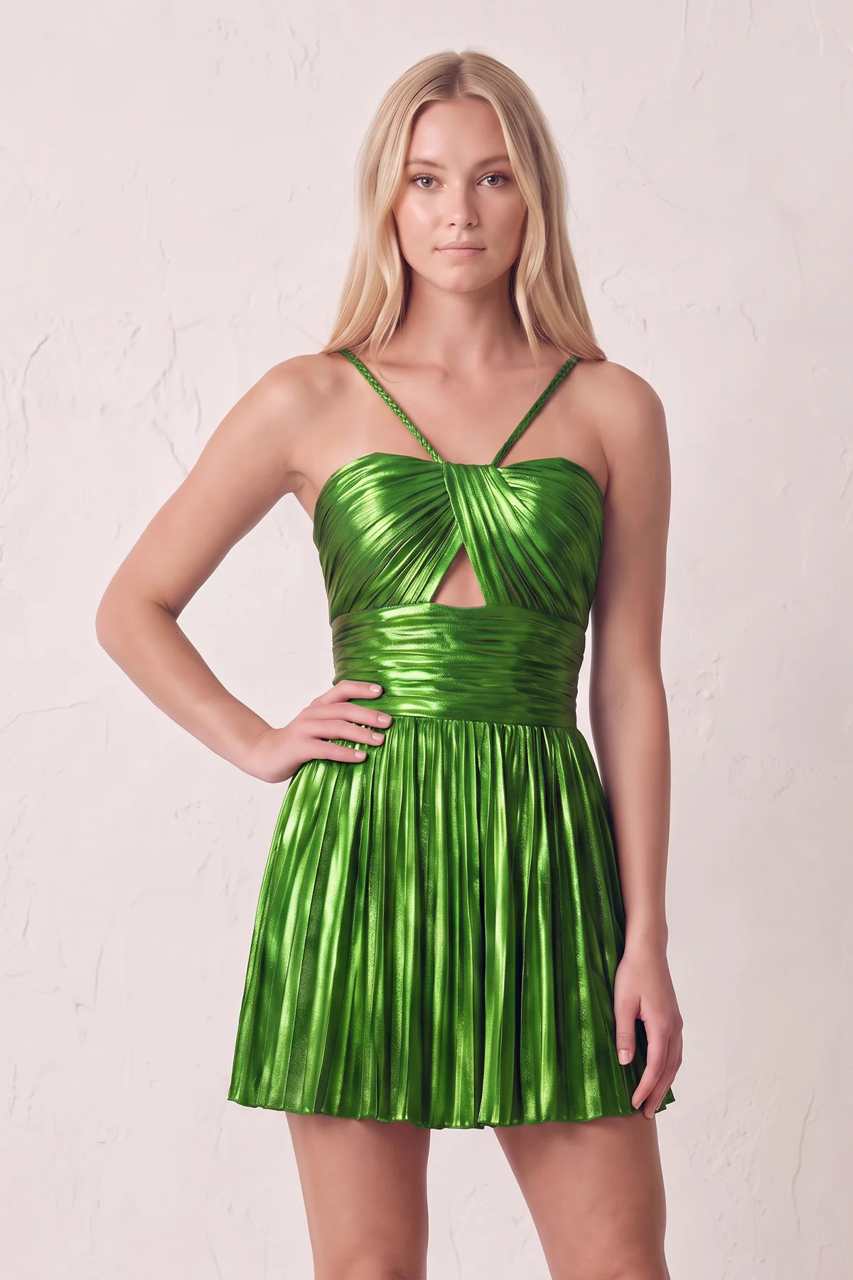 Gloden A-Line Metallic Spaghetti Strap Pleated Homecoming Dress