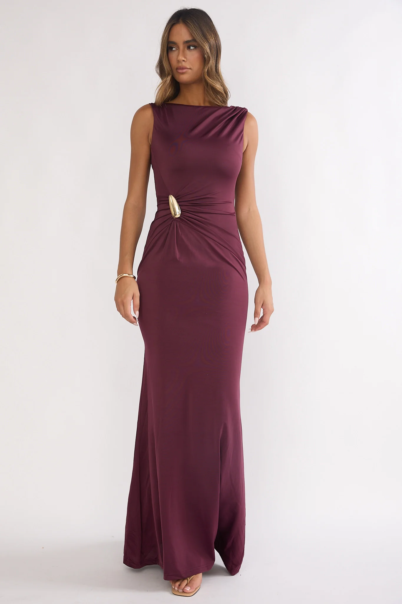 Isalyn Gathered Waist Maxi Dress Burgundy - luluinthesky