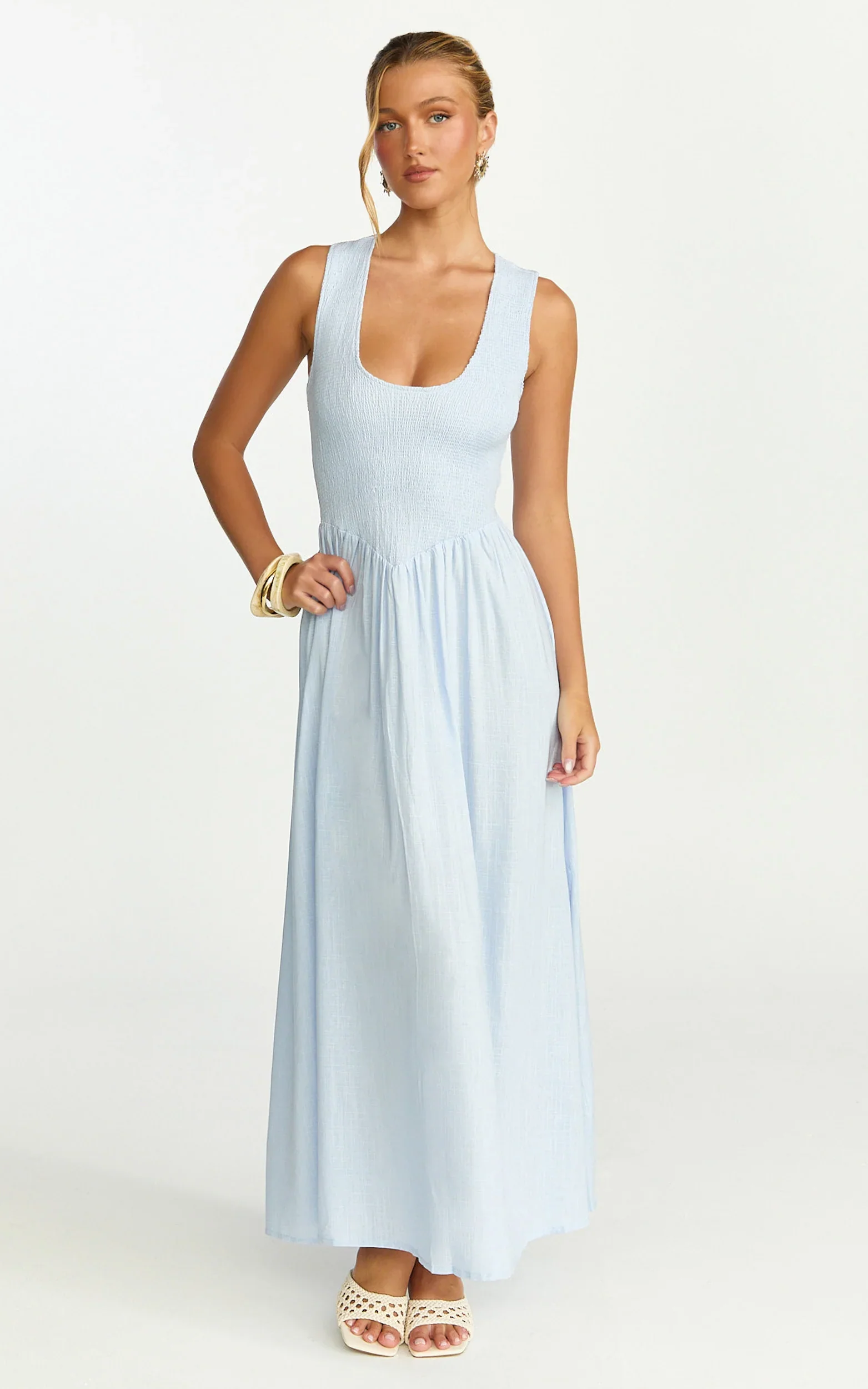 Luciana Maxi Dress - U Neck Smock Dress in Blue