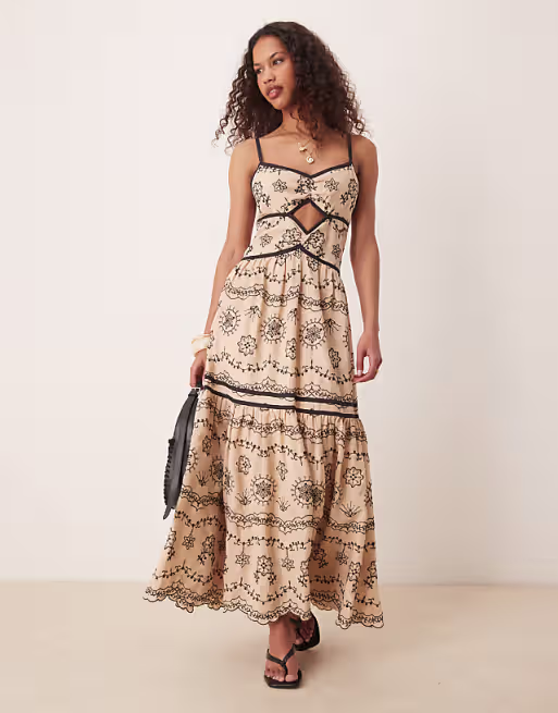 cami cut out embroidered maxi dress in stone with black tipping