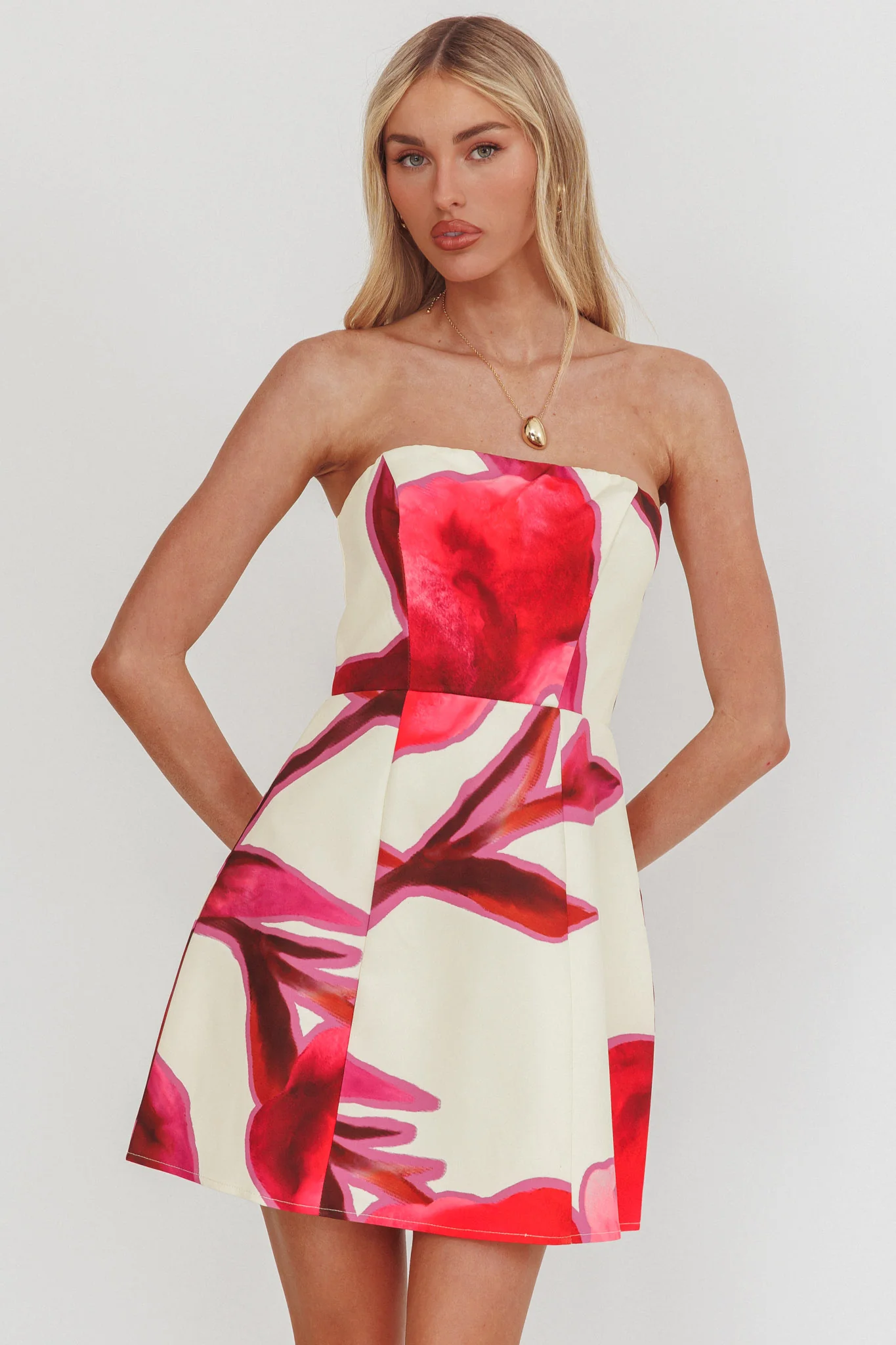 City Central Strapless A-Line Mini Dress Print Beige