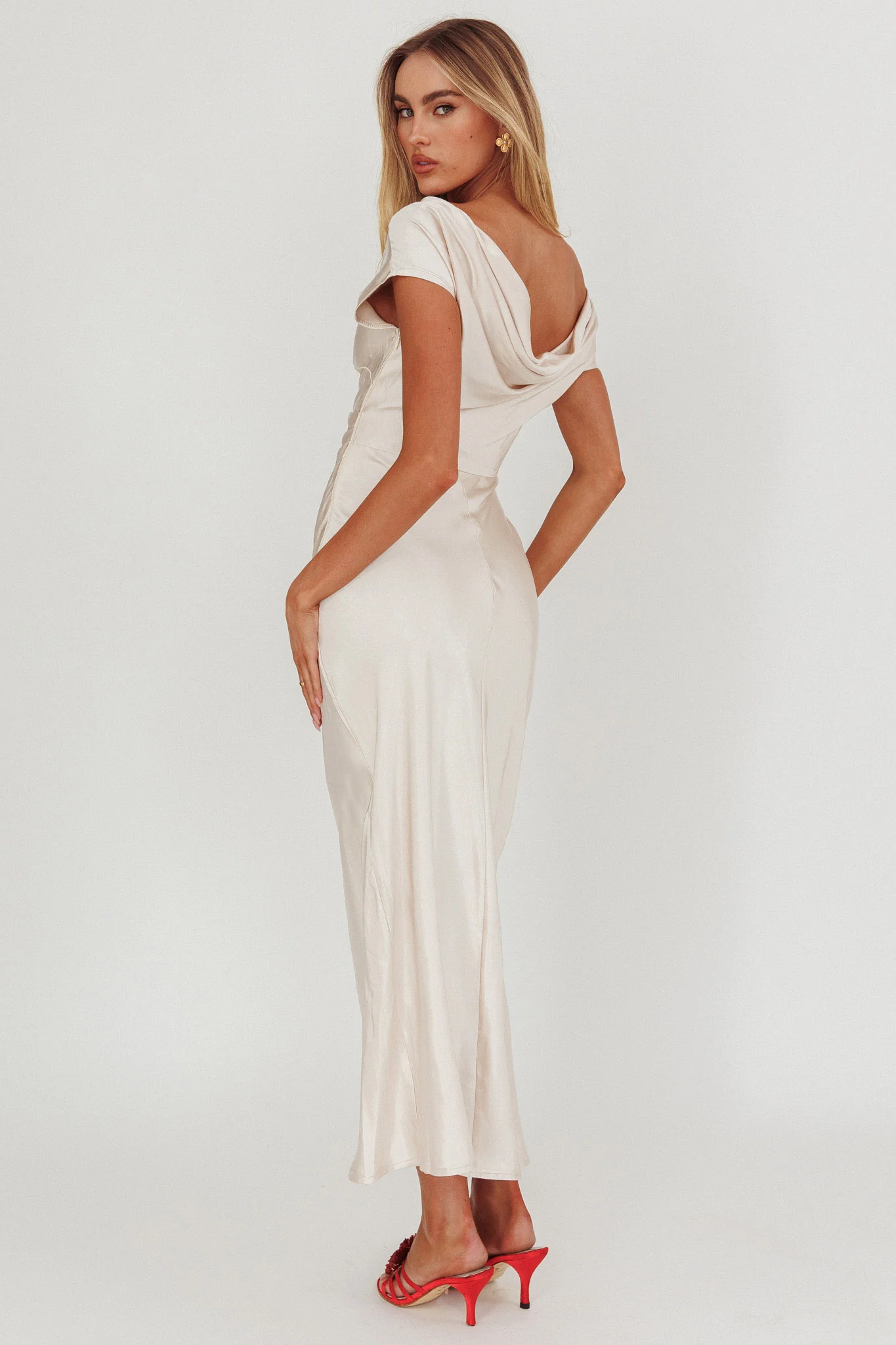 Loveland Cap Sleeve Cowl Back Midi Dress Champagne - luluinthesky