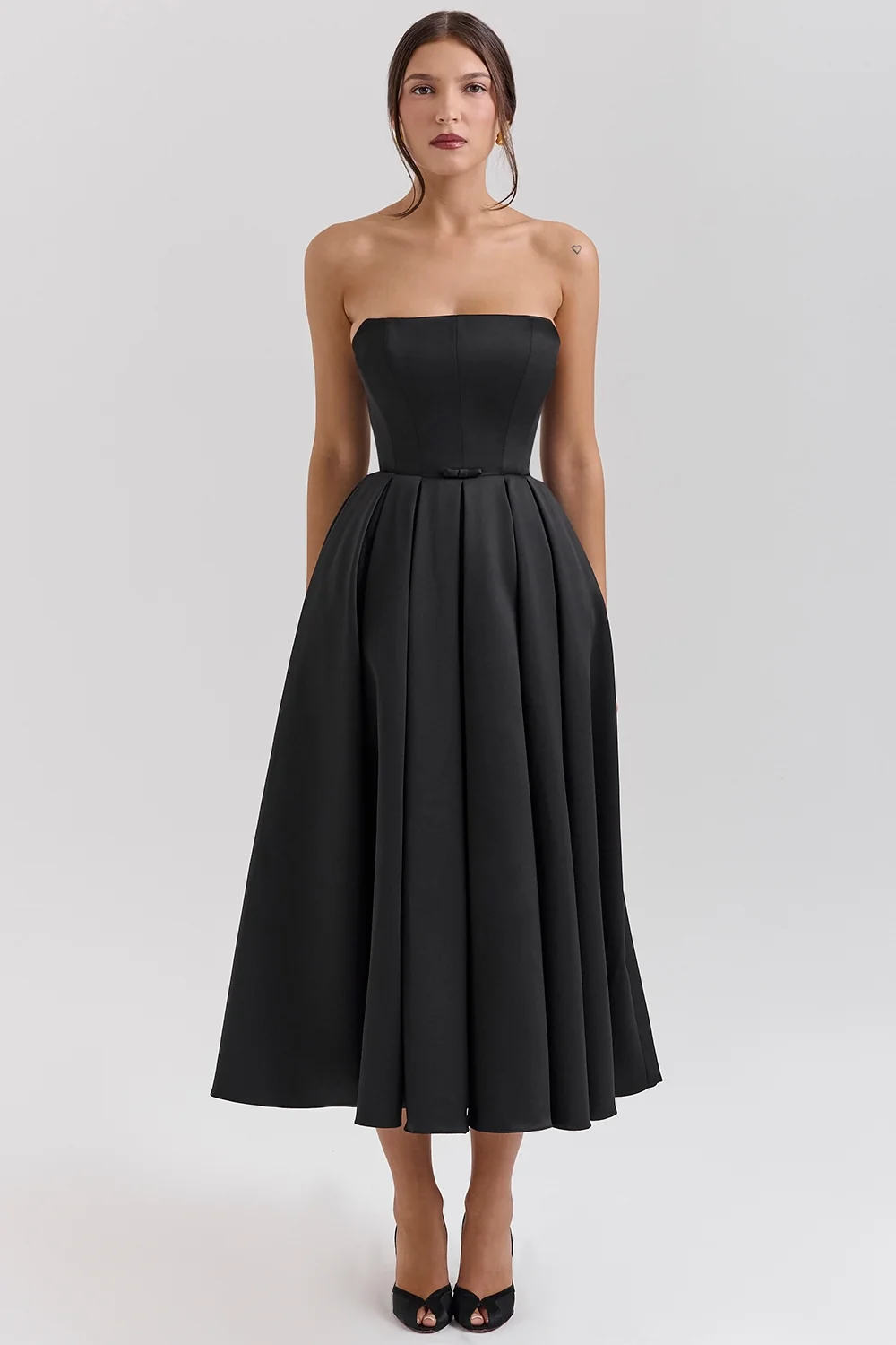 black strapless satin corset midi dress - sale