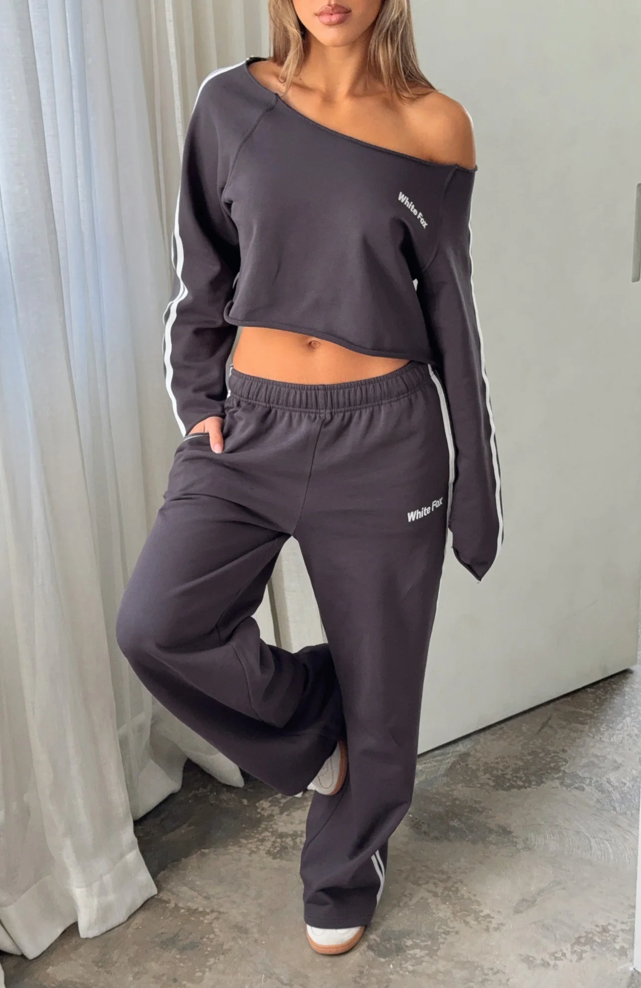 Star Student Cropped Off Shoulder Sweater Charcoal
