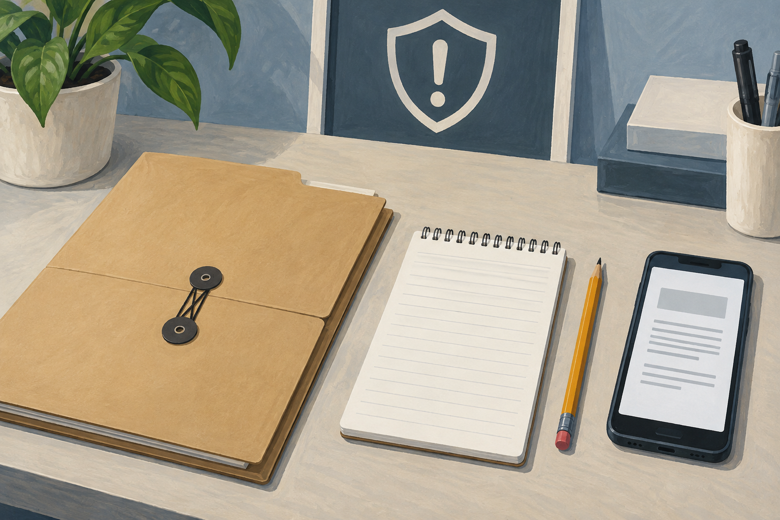 Editorial illustration of a document folder, notepad and smartphone for recording a product safety concern.