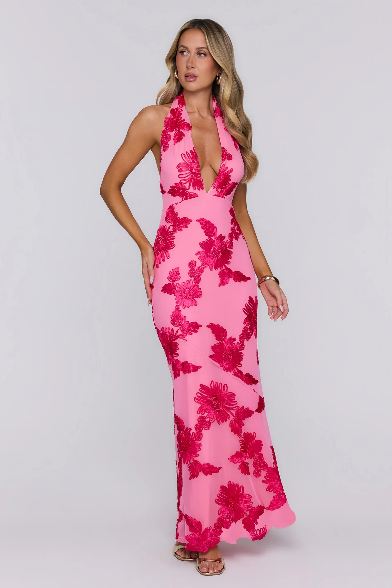 Electric Darling Mesh Halter Maxi Dress Pink