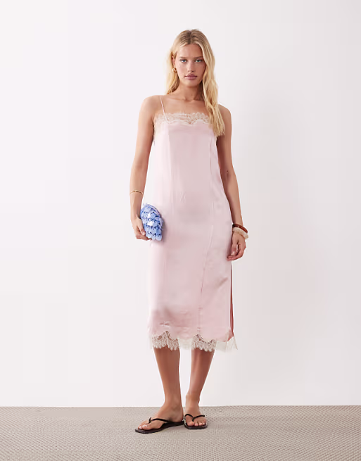 ARKET lace midi slip dress in light pink