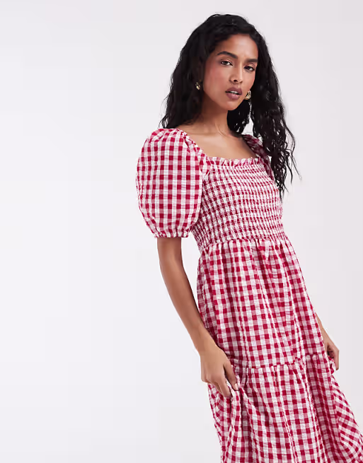 Vero Moda shirred bodice puff sleeve tiered midi dress in red gingham print