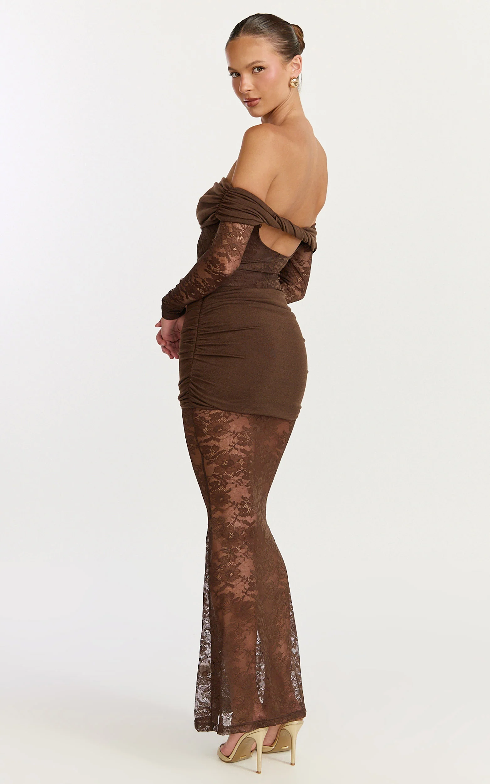 Juliet Maxi Dress - Off Shoulder Long Sleeve Ruched Overlay Lace Dress in Choc