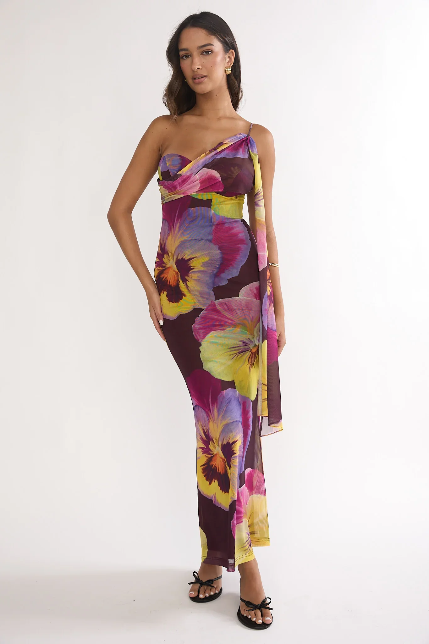 Tallis One-Shoulder Asymmetric Neckline Dress Brown