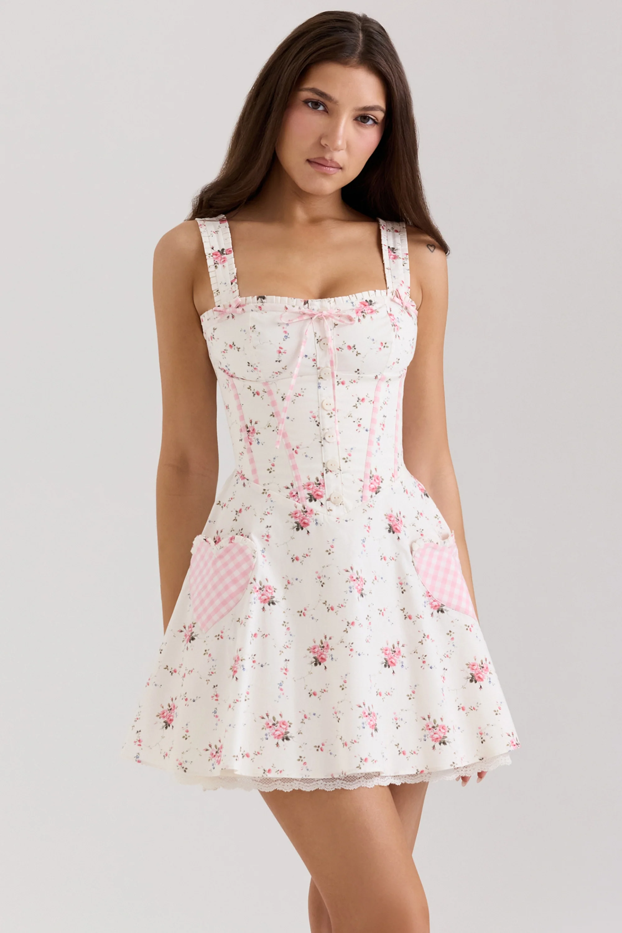 Cream Rose Print Stretch Cotton Mini Dress