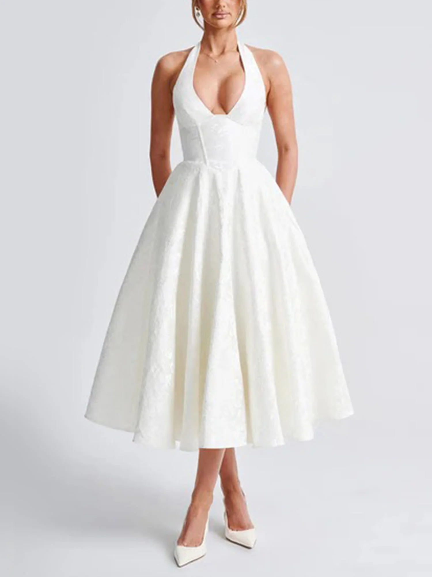 White Halter Flared Midi Dress