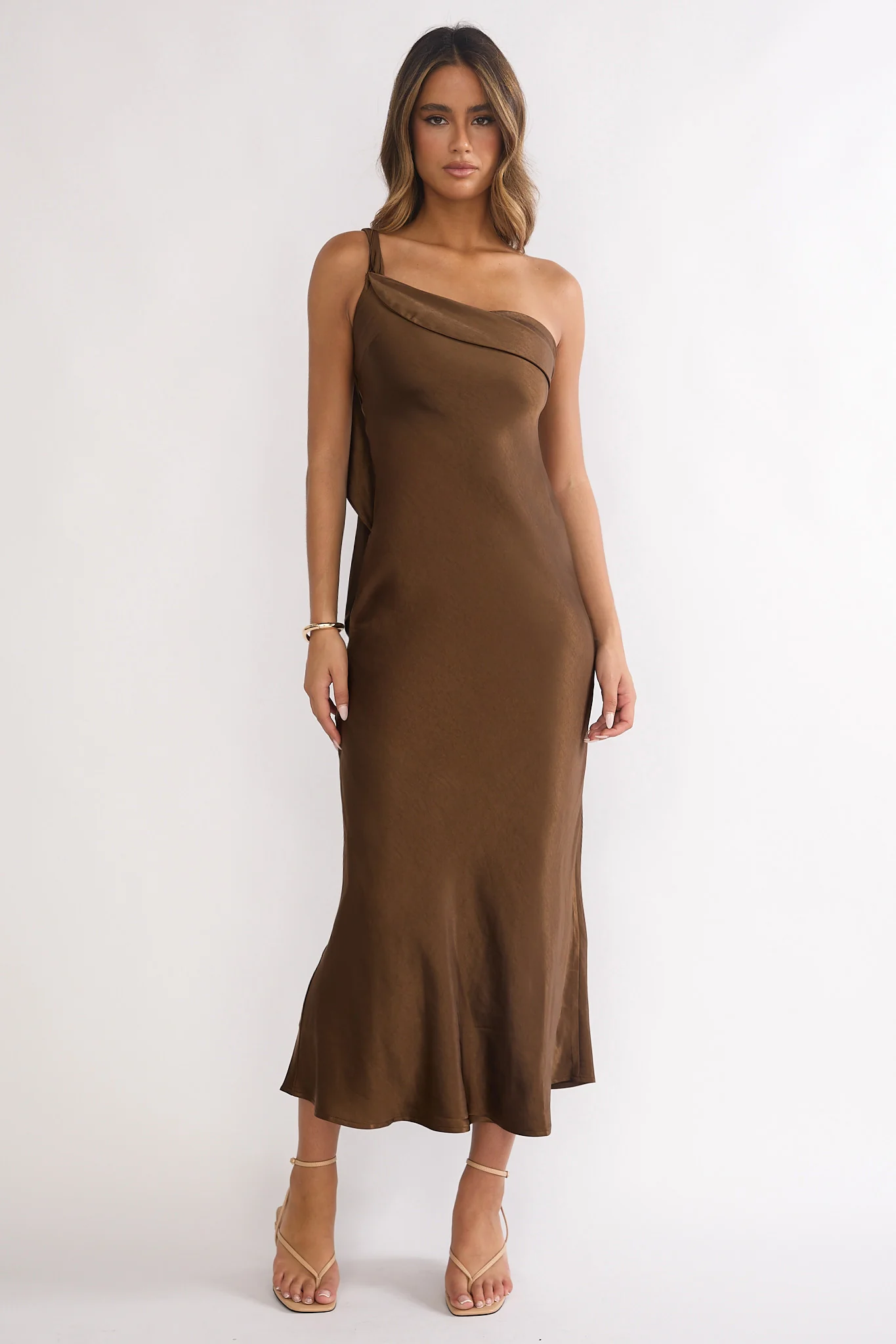 Carmel One-Shoulder Sash Maxi Dress Chocolate