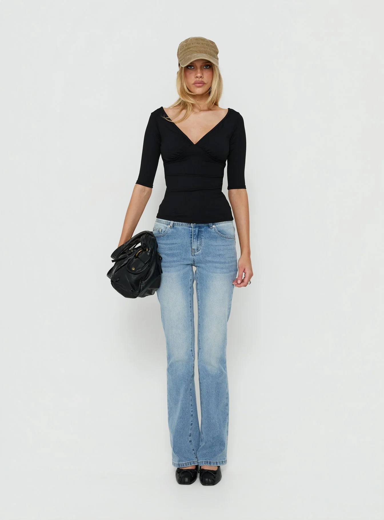 Daily Define Off Shoulder V Neck Top Black