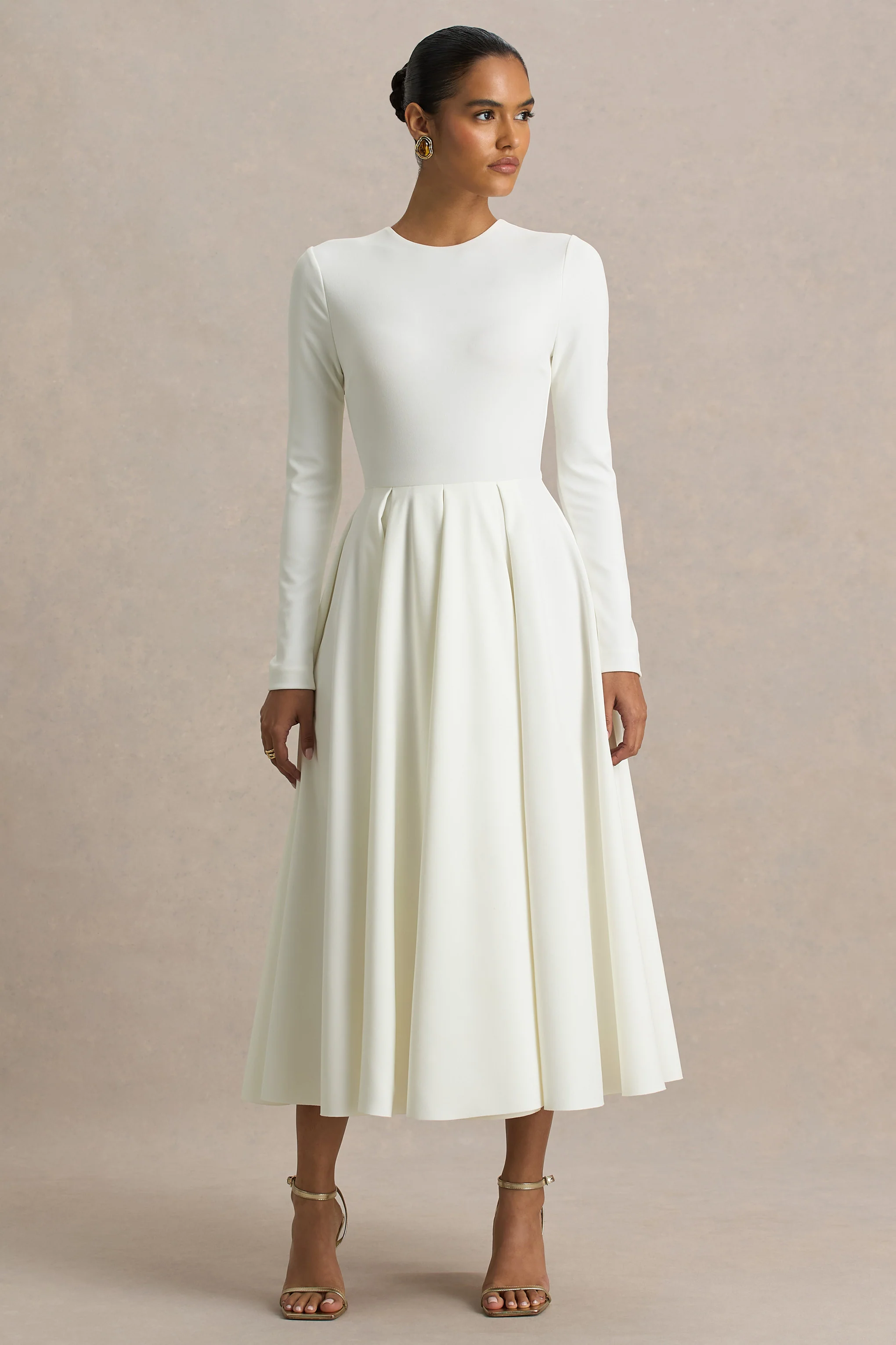 Bellamy | Cream Crew-Neck Long Sleeve Midi Dress