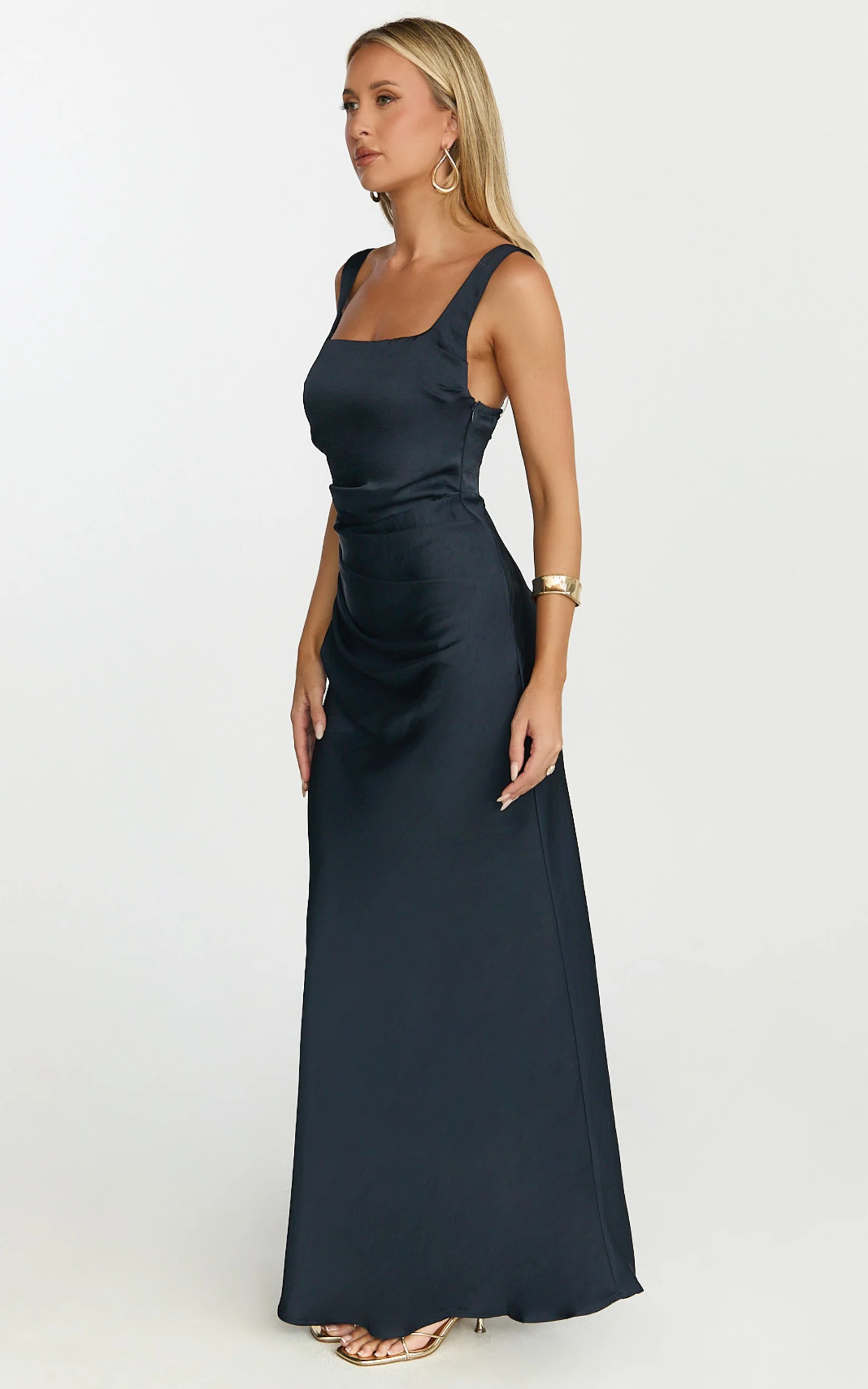 Rumi Midi Dress - Rushed Bodiest Satin Dress in Navy