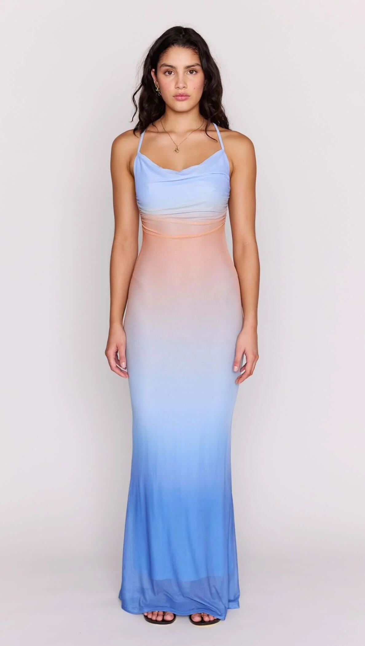 Ombre Cowl Neck Mesh Maxi Dress