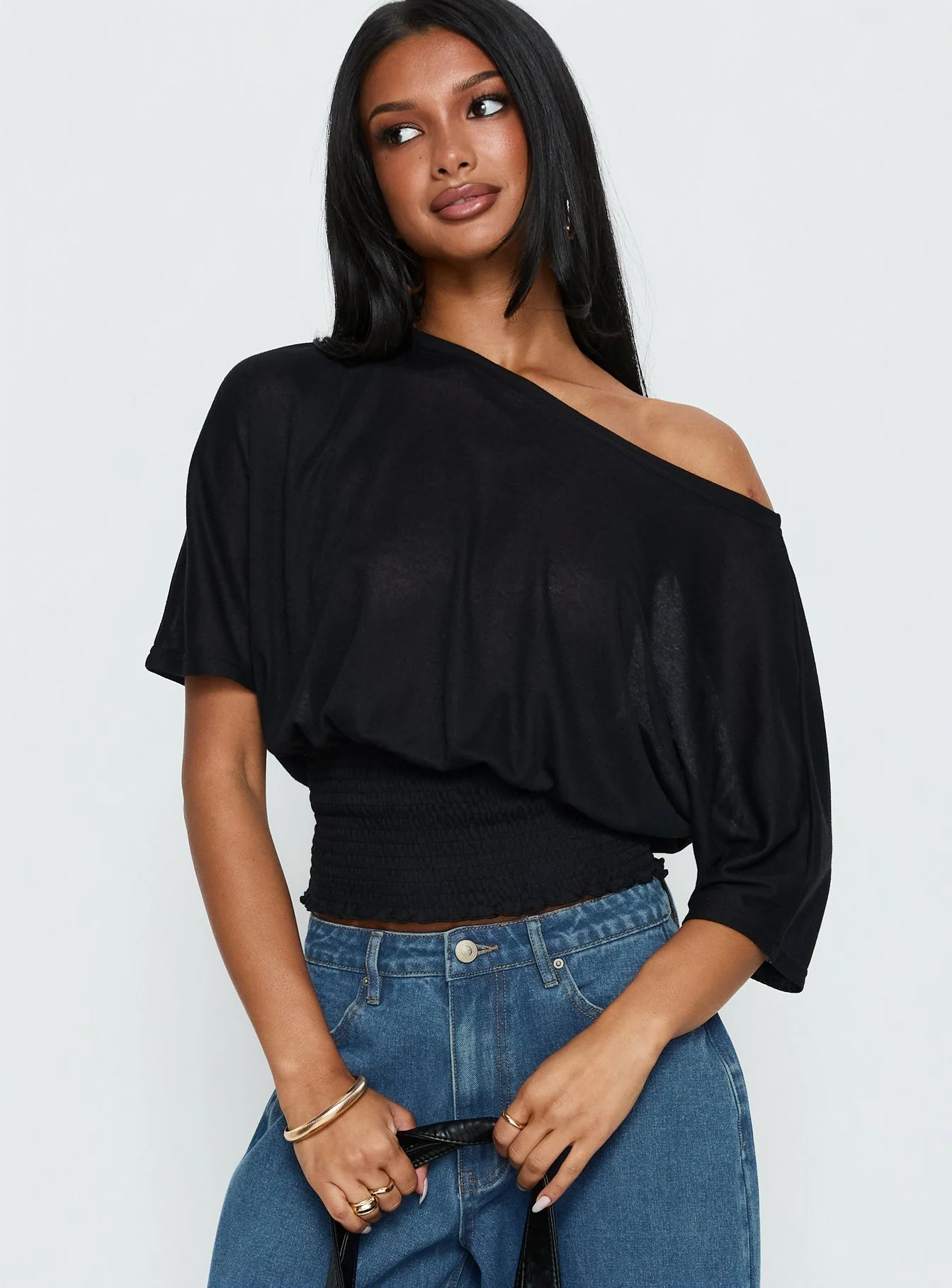 Dayten Off Shoulder Sheer Top Black