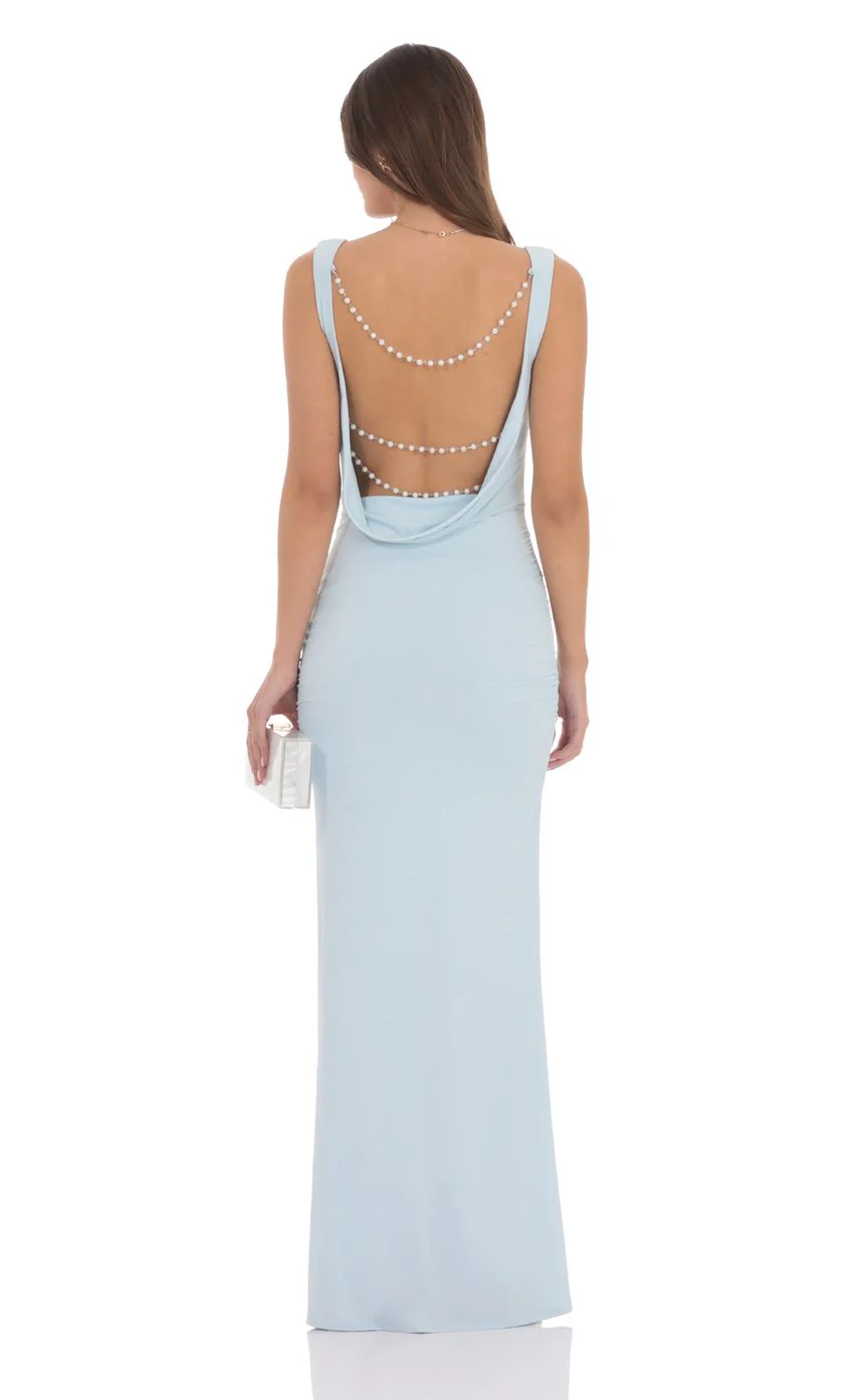 Pearl Open Back Maxi Dress in Light Blue