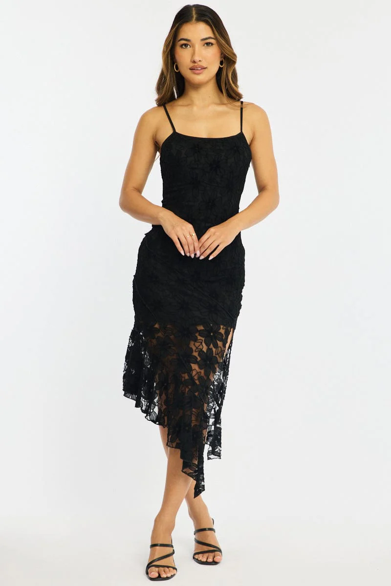 Black Midi Dress Asymmetric Hem Lace