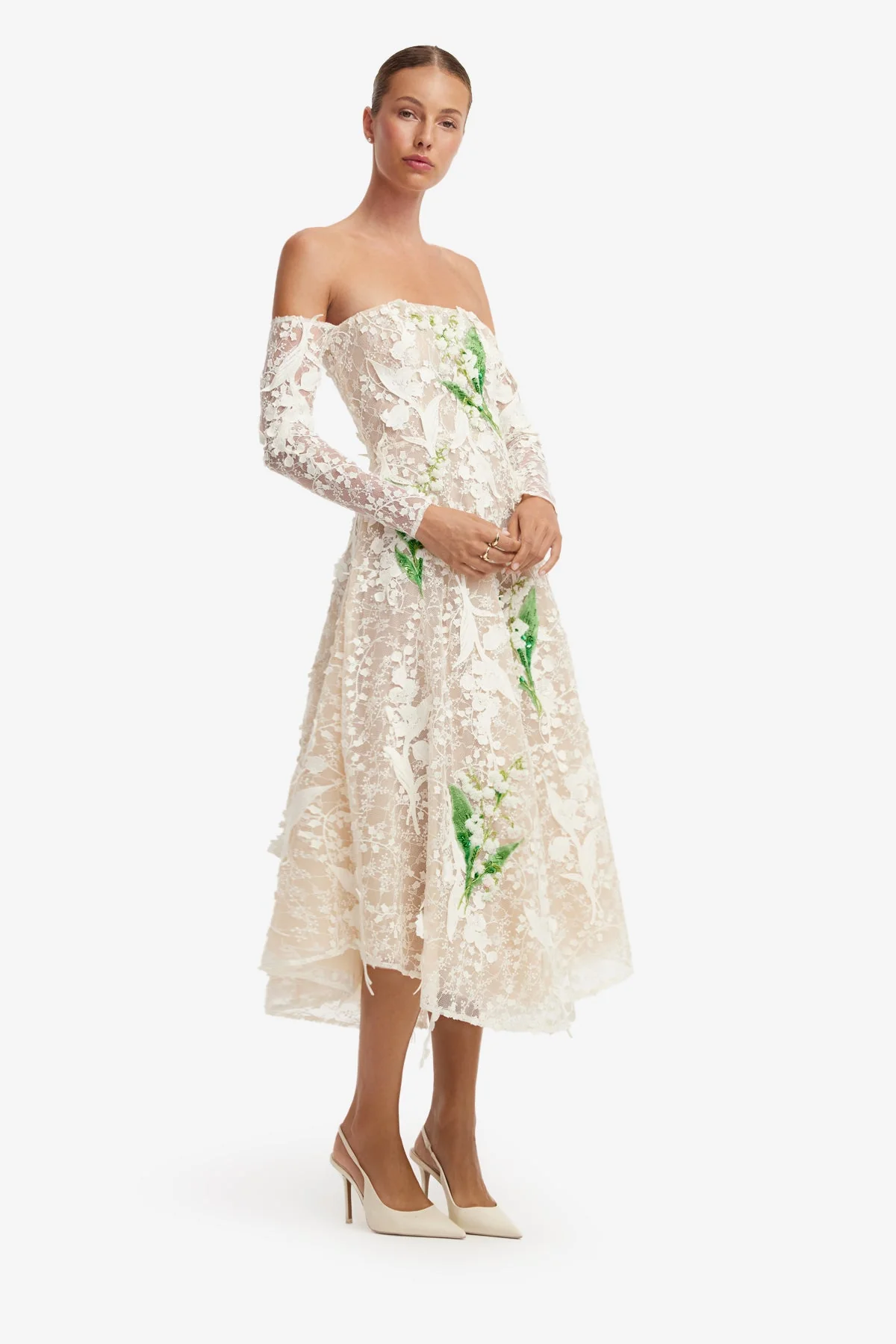 Ana Off-Shoulder Embellished Lace Bustier Midi Dress - Snow Meadow