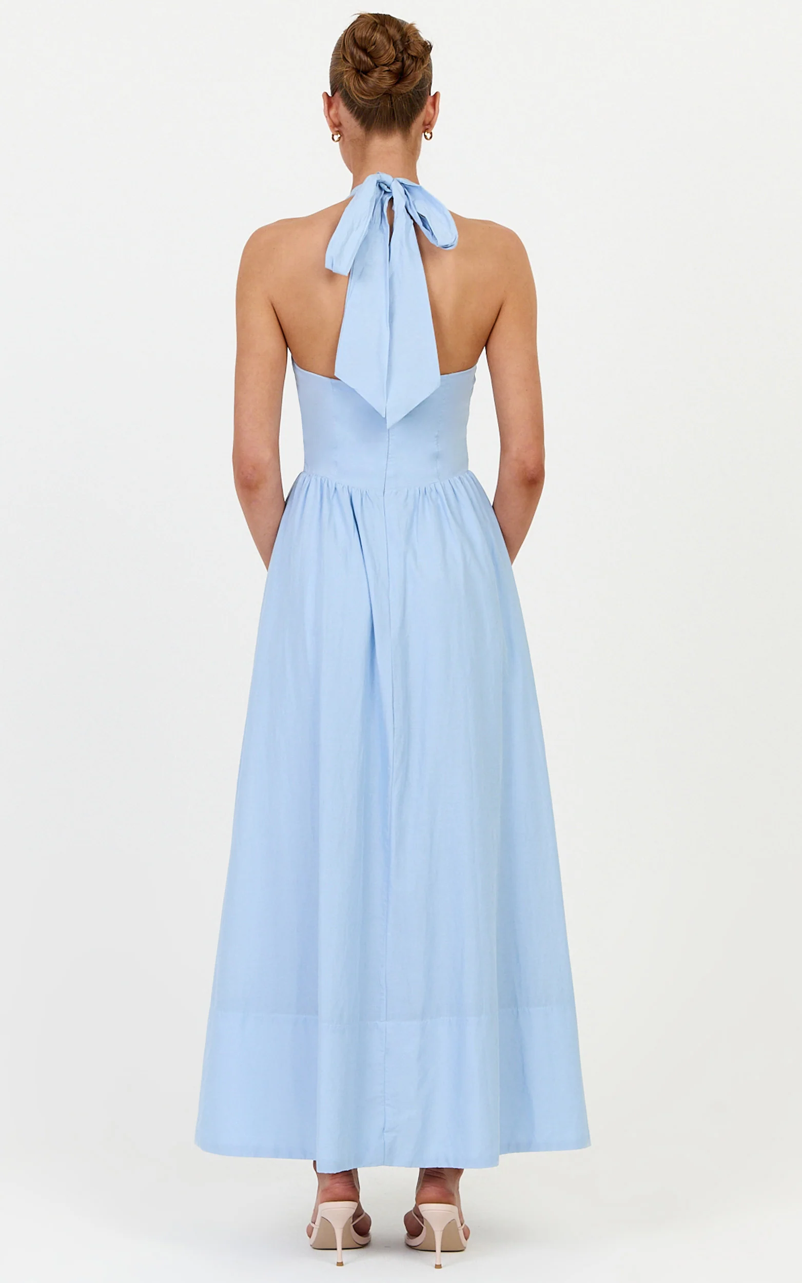 Everly Midi Dress - Tie Halter Neck Button Down Bodice Fit And Flare Dress in Cornflower Blue