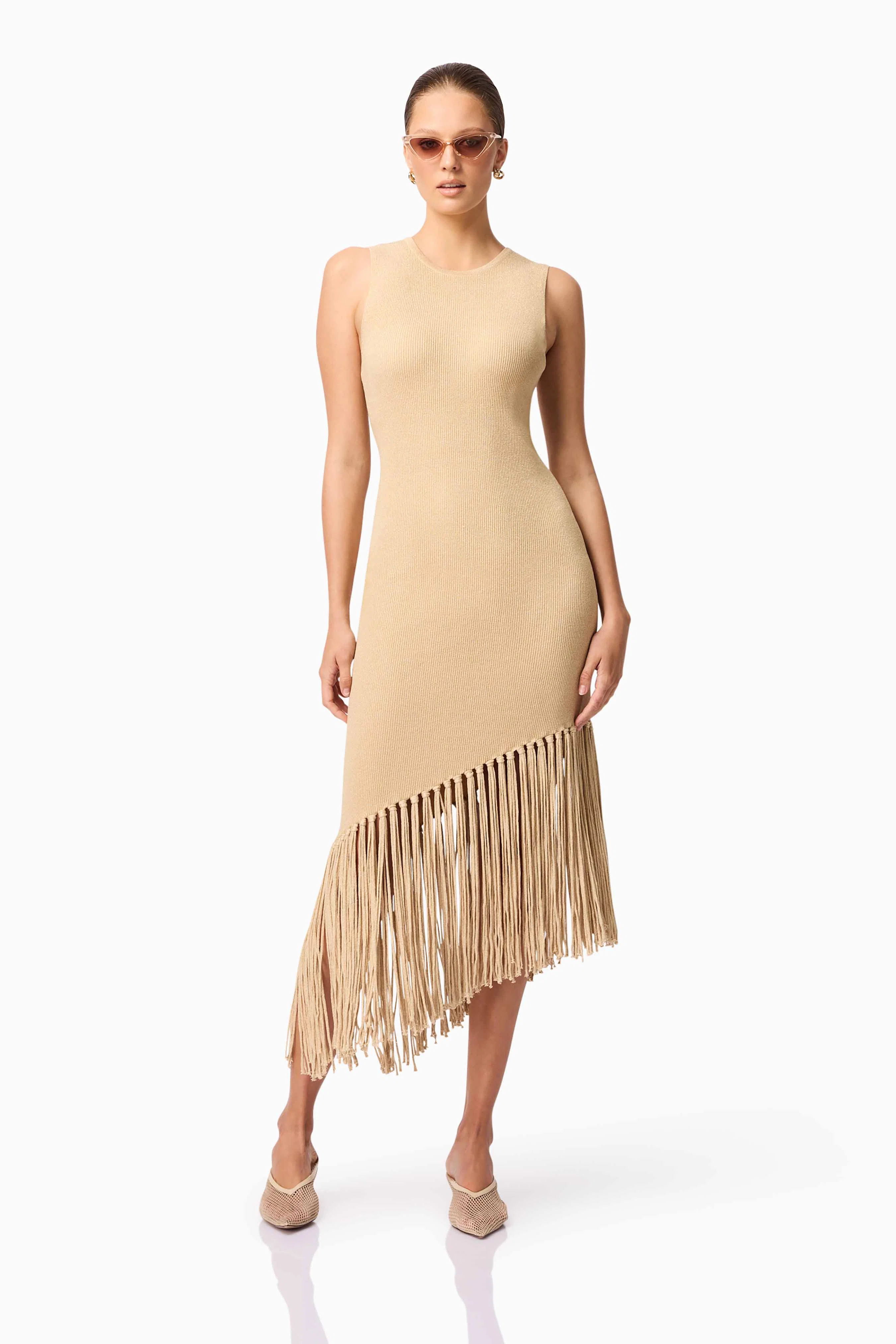 CURAAE Selah Asymmetrical Midi Dress in Beige
