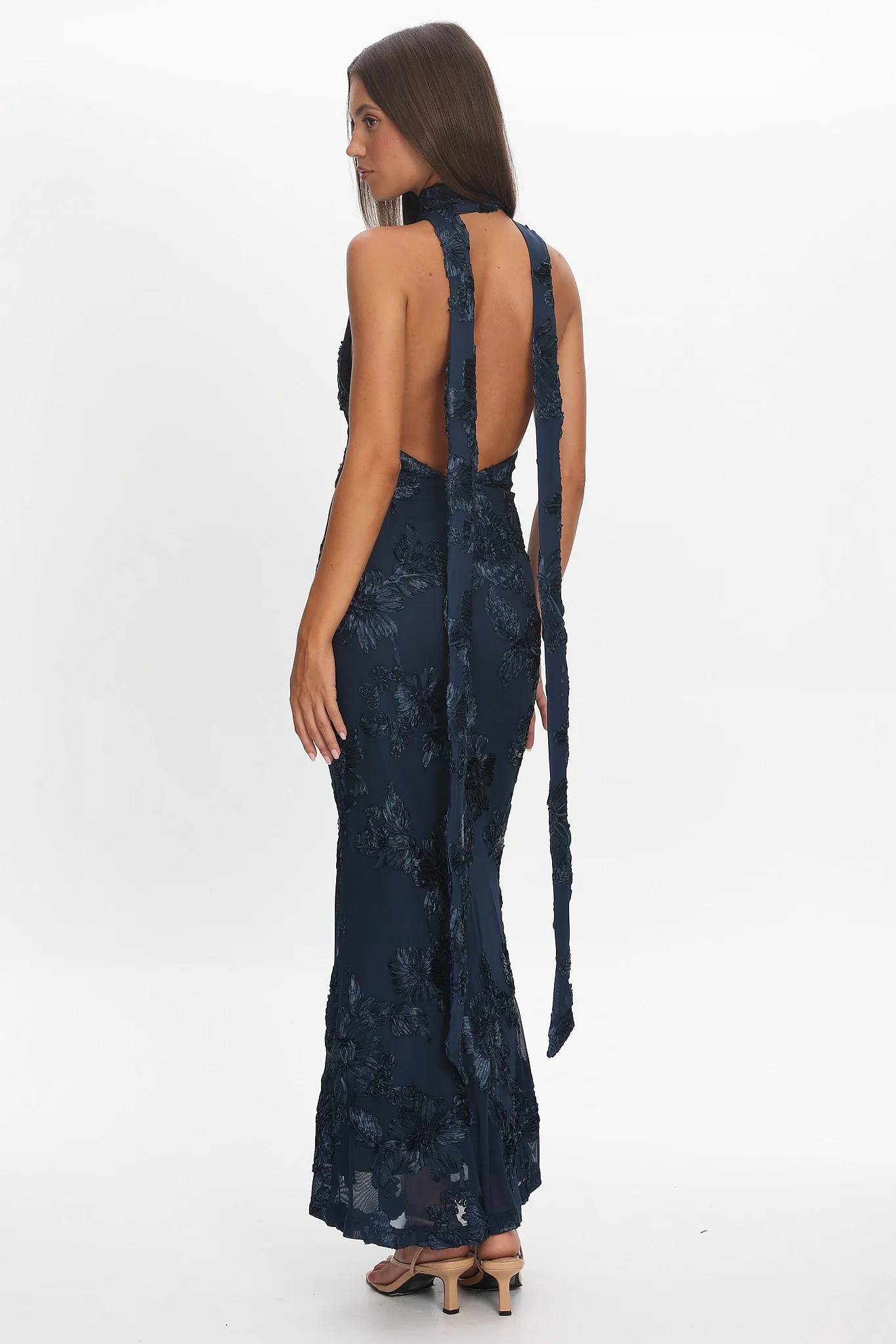 Cipriana Backless Halter Maxi Dress Embellished Navy