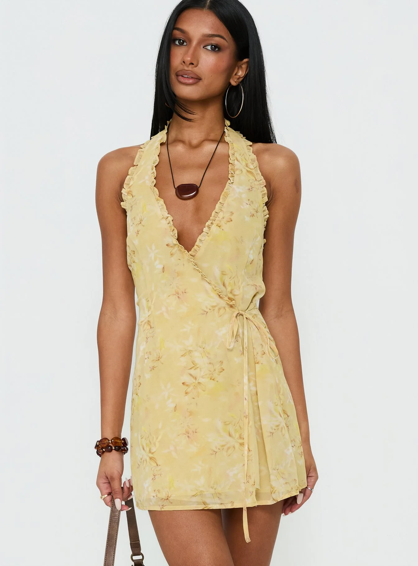 Taija Wrap Mini Dress Yellow Floral