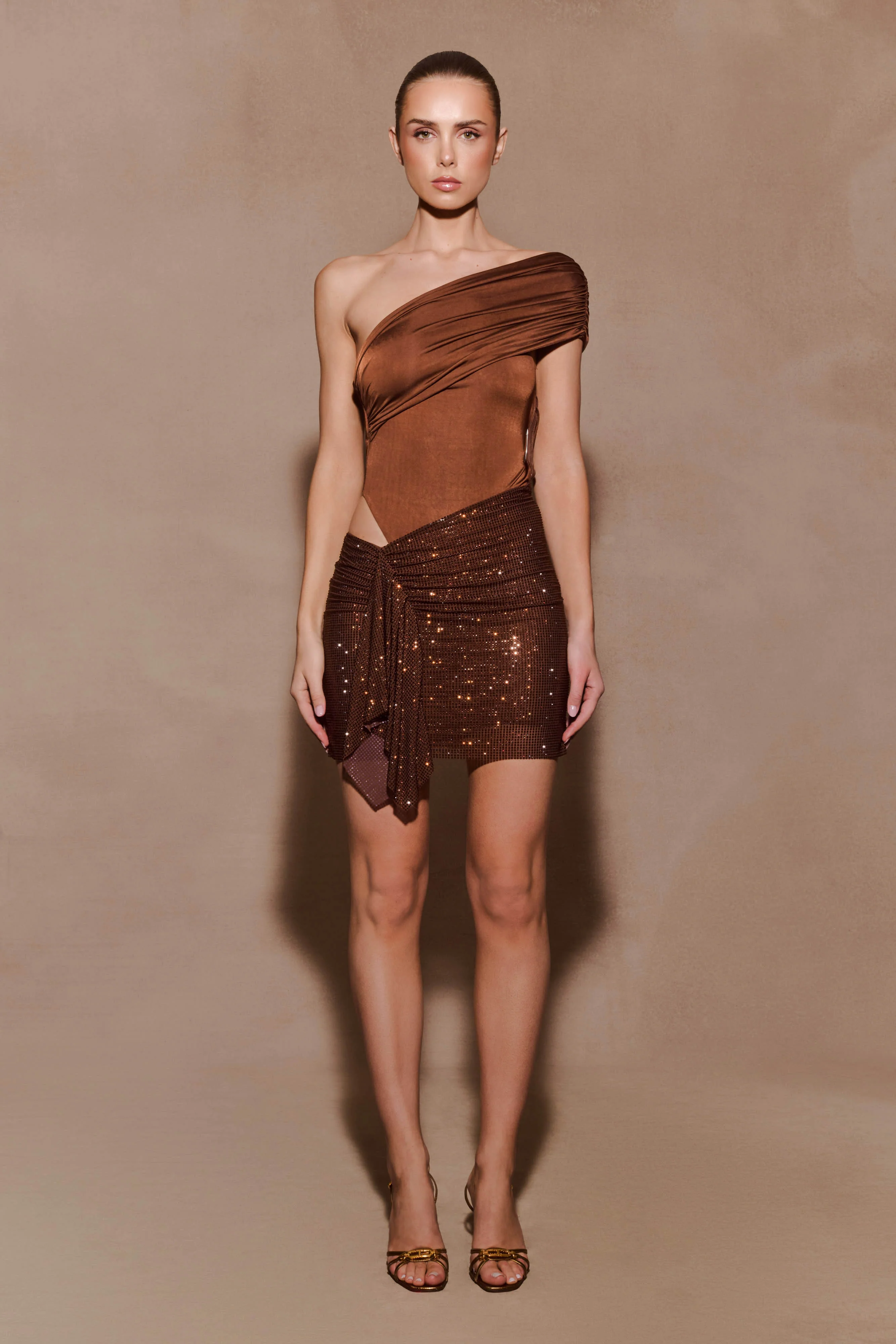 Paisley Slinky And Diamante Mini Dress - Chocolate