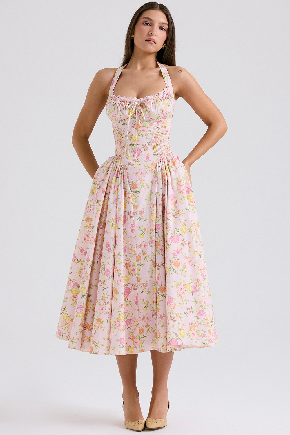 Pink Meadow Print Cotton Halter Midi Sundress