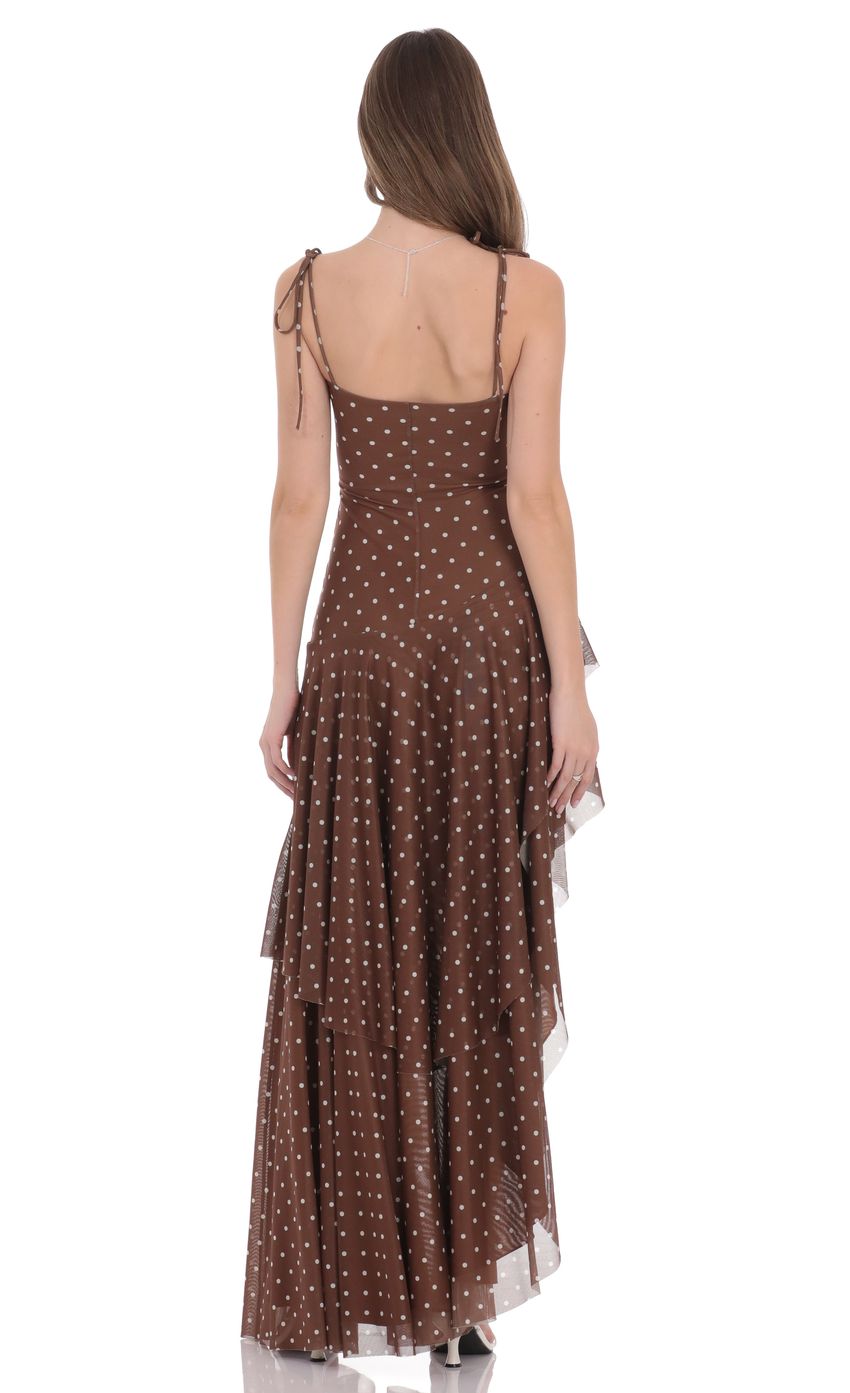 Polka Dot Asymmetrical Maxi Dress in Brown