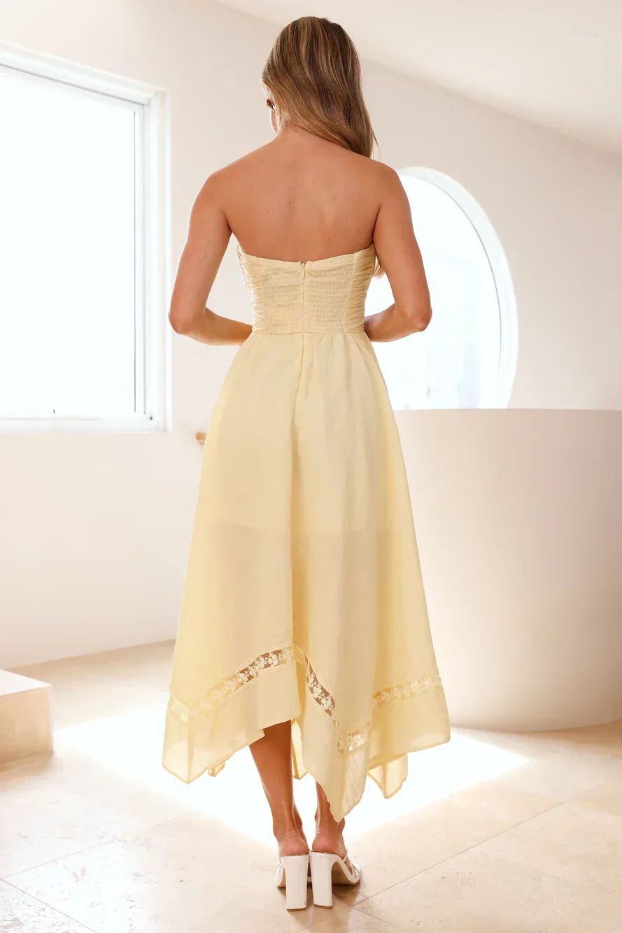 Visit The Moon Strapless Midi Dress Yellow - luluinthesky