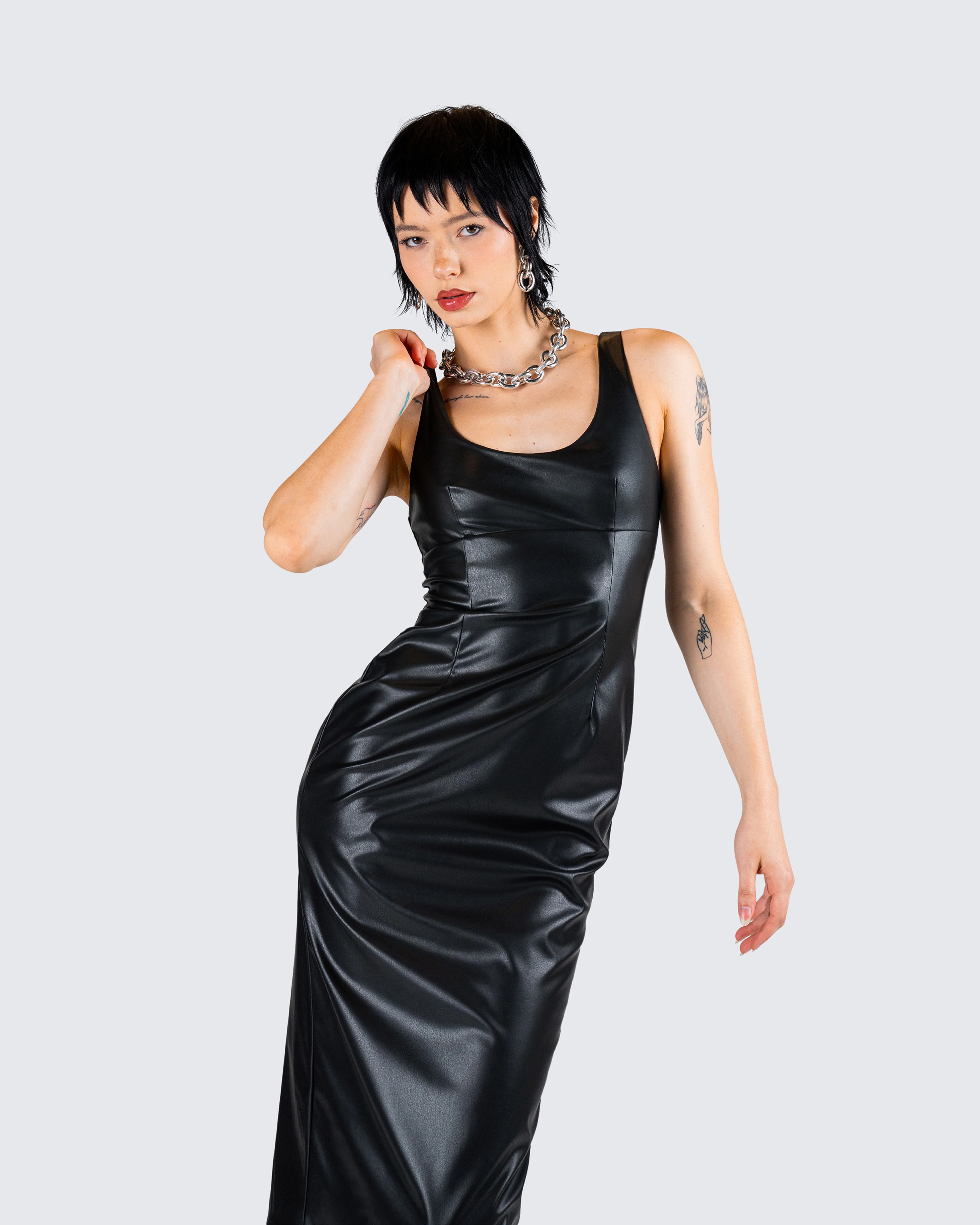 Maia Black Faux Leather Midi Dress