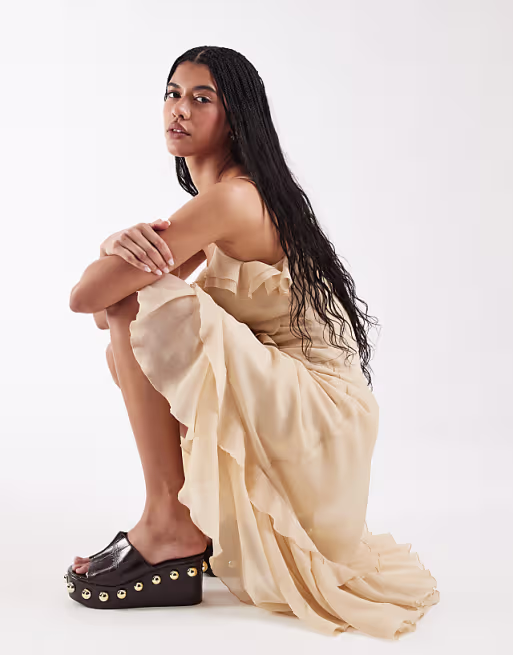 Reclaimed Vintage maxi dress with ruffle details and asymmetric hem in cream