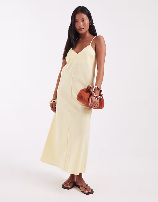 Vero Moda Petite linen look cami strap midi dress in banana yellow