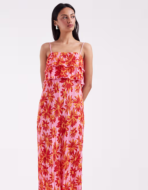 PIECES plisse cami dress with tiered ruffle top detail in bold floral print