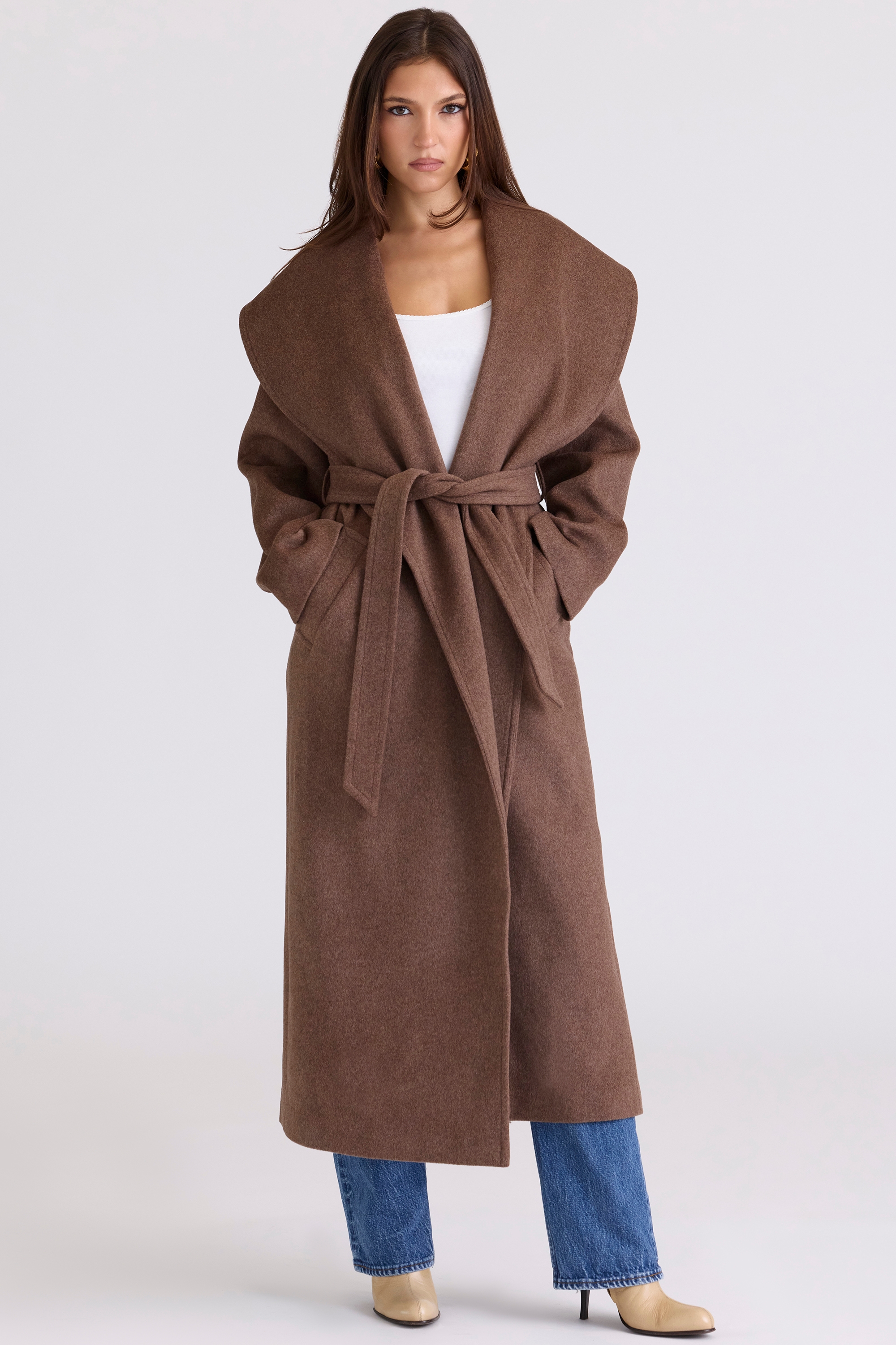 brown wool shawl collar coat