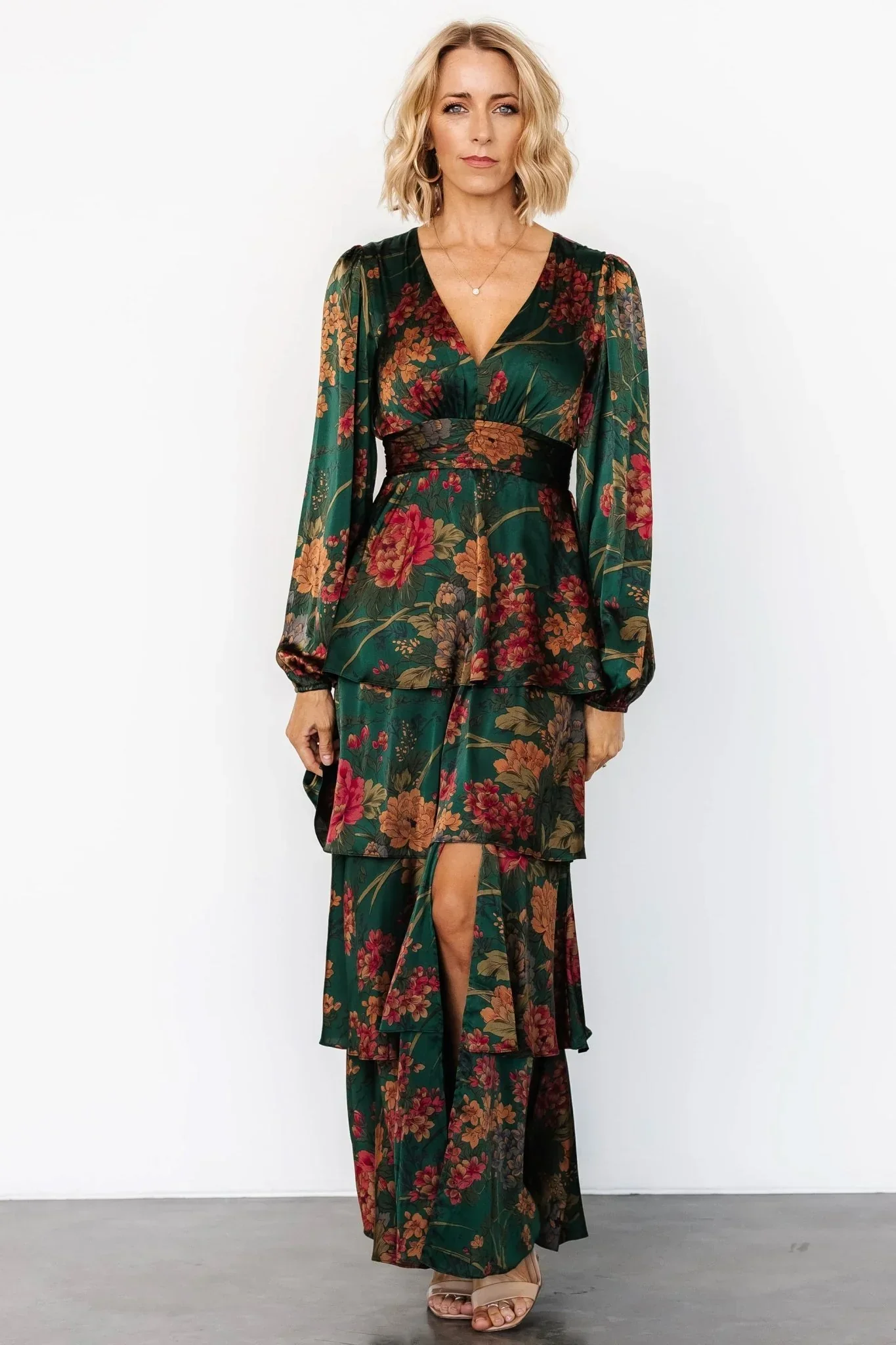Montrouge Tiered Satin Dress | Emerald Floral