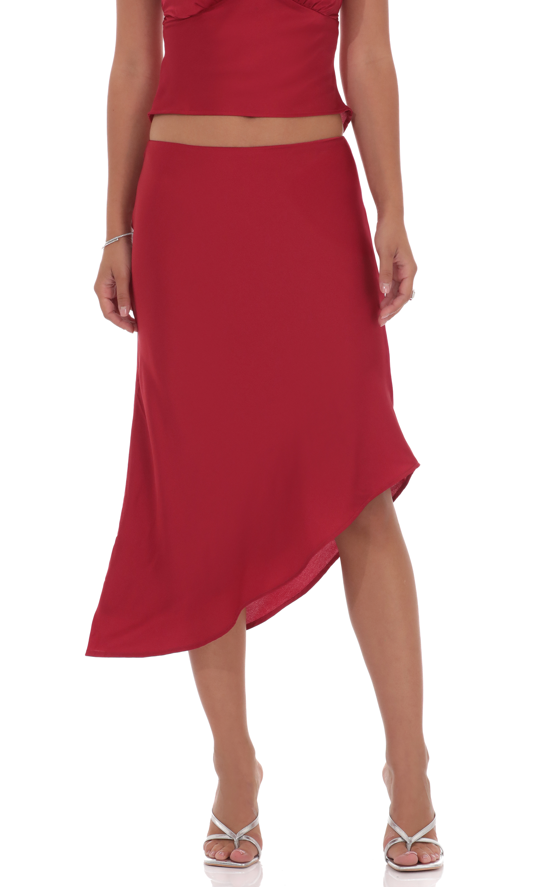 Satin Asymmetrical Midi Skirt in Red - luluinthesky