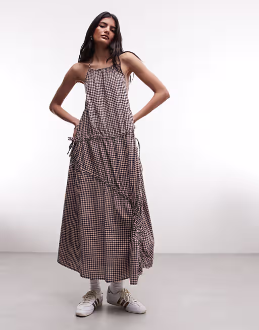 COLLUSION high neck channel detailing midi dress in pink gingham