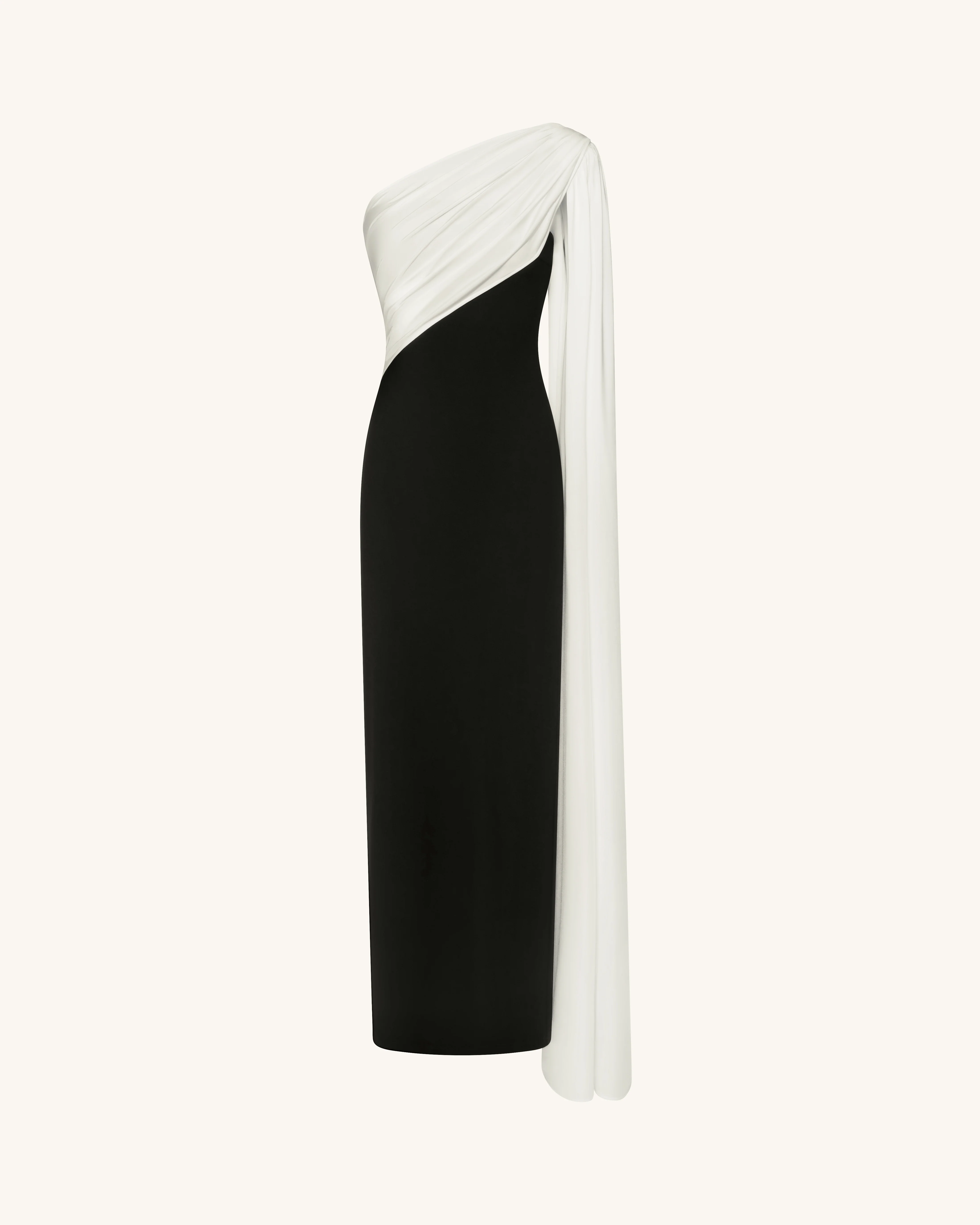 One Shoulder Draped Maxi Dress - Black White - FASHION NOB