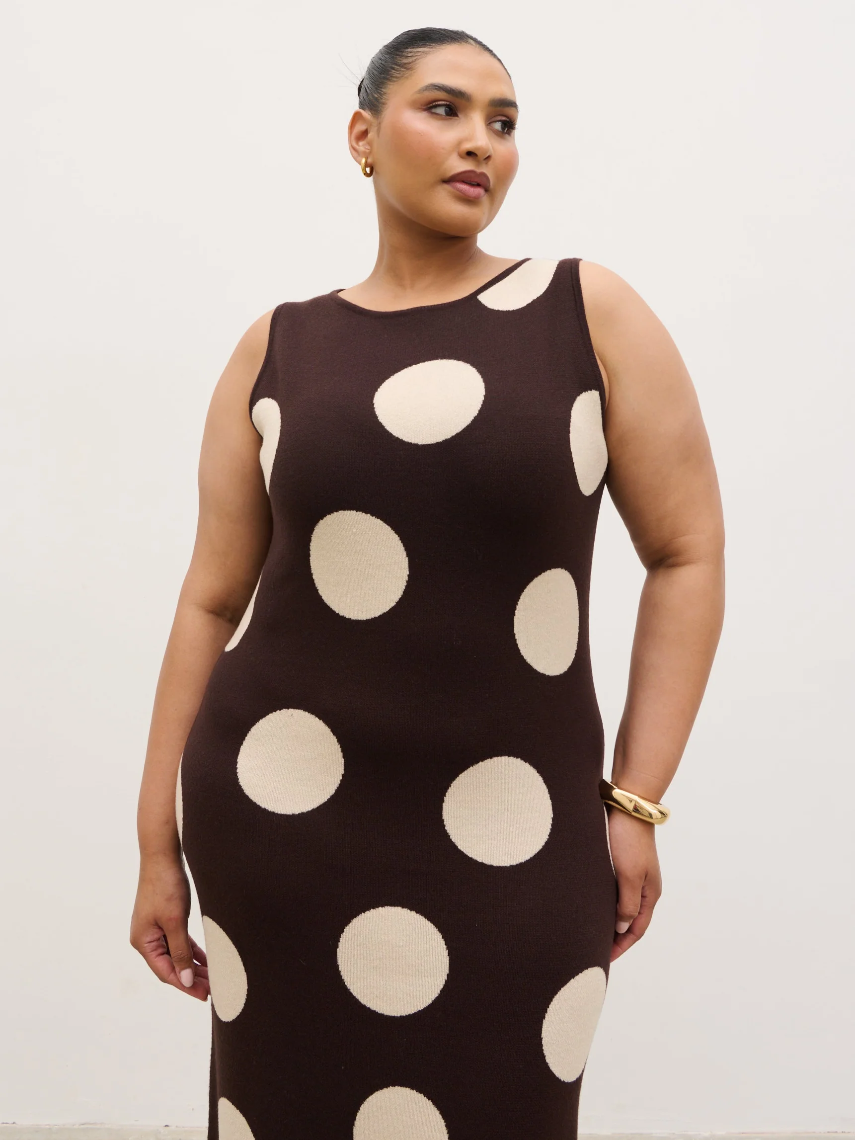 Sarover Polka Dot Maxi Knit Dress Curve - Chocolate and Cream