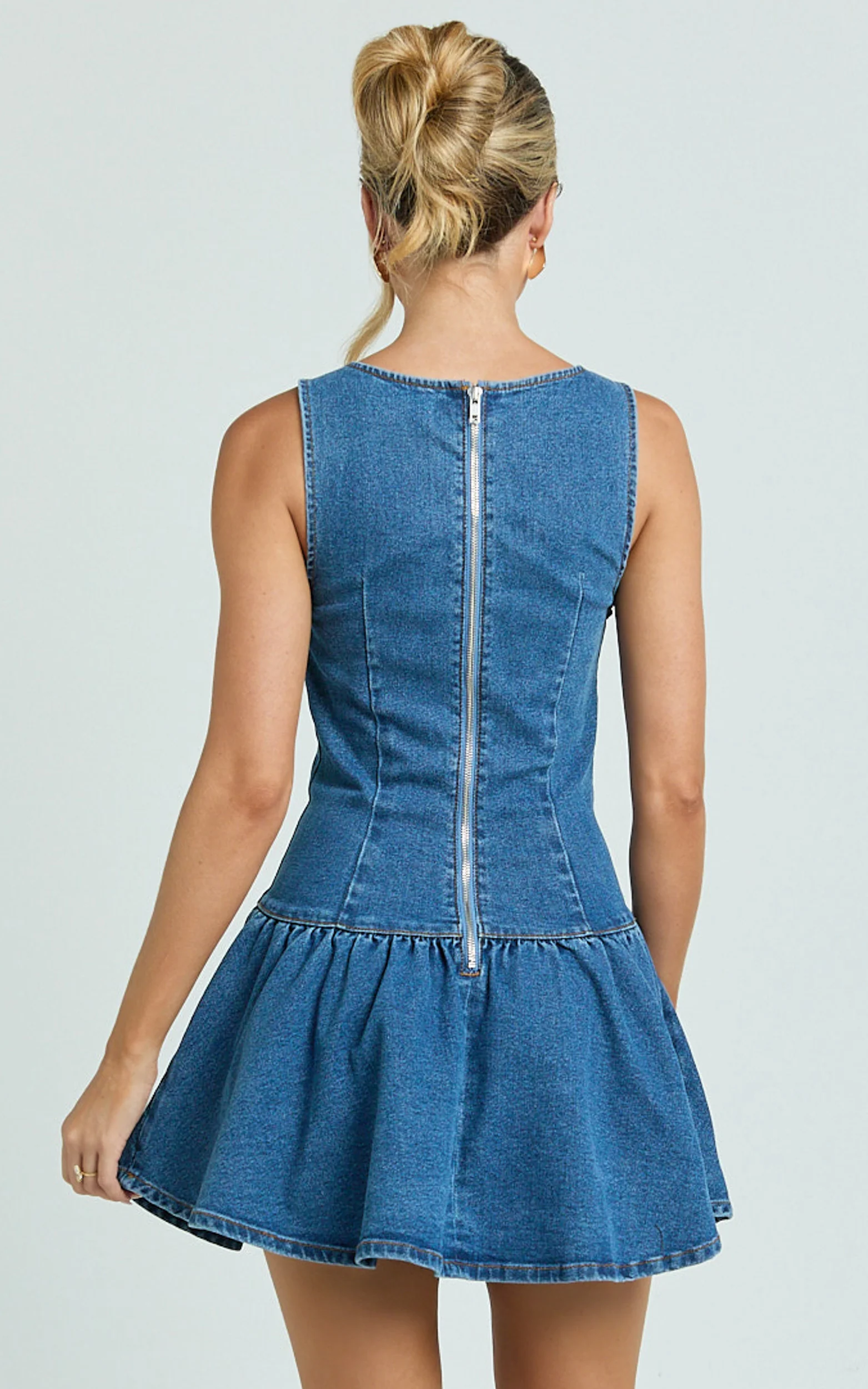 Vera Mini Dress - Boat Neck Drop Waist Fit And Flare Denim Dress in Mid Blue Wash