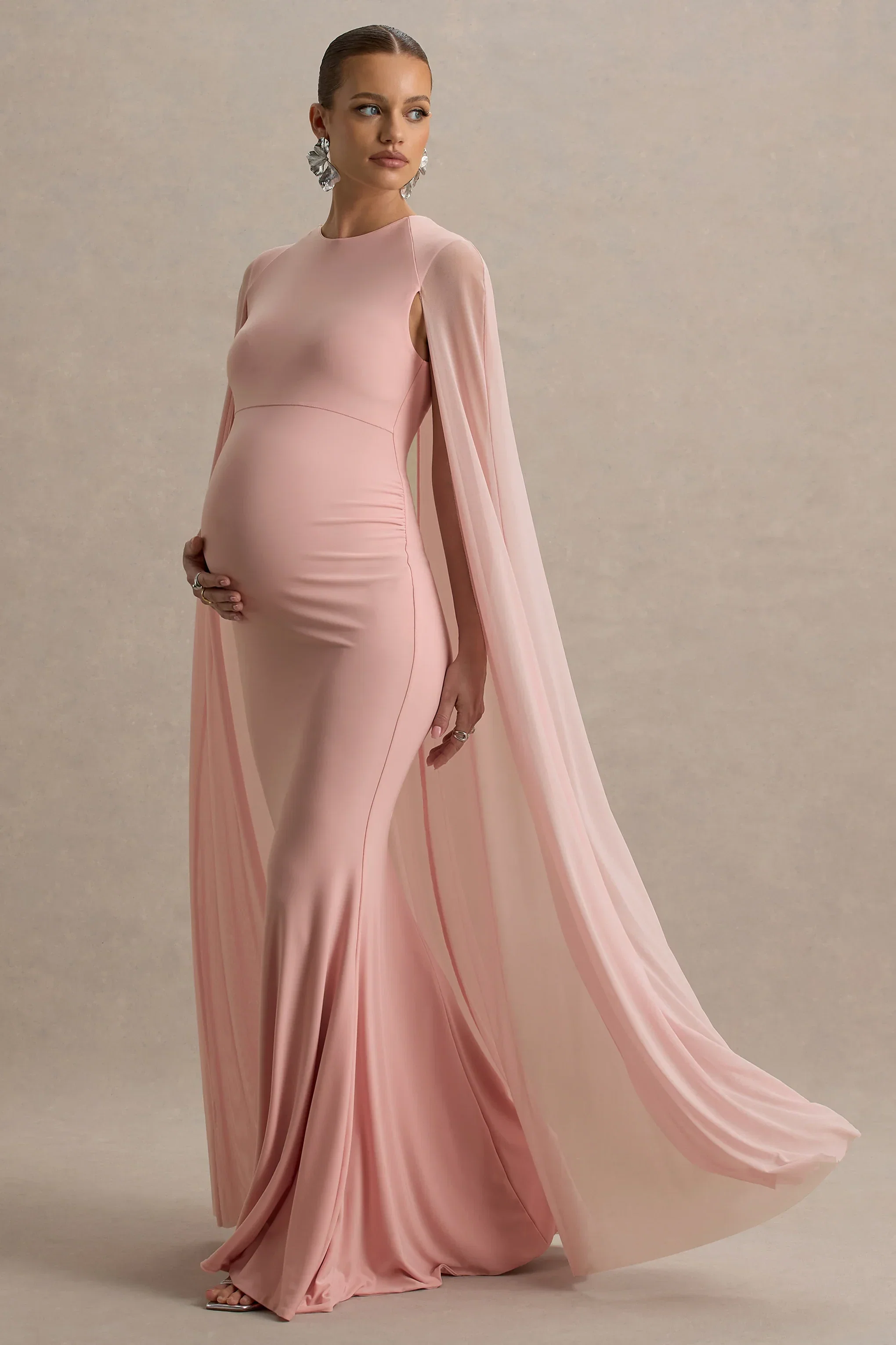 Currant | Pink Crew-Neck Maternity Maxi Dress With Cape