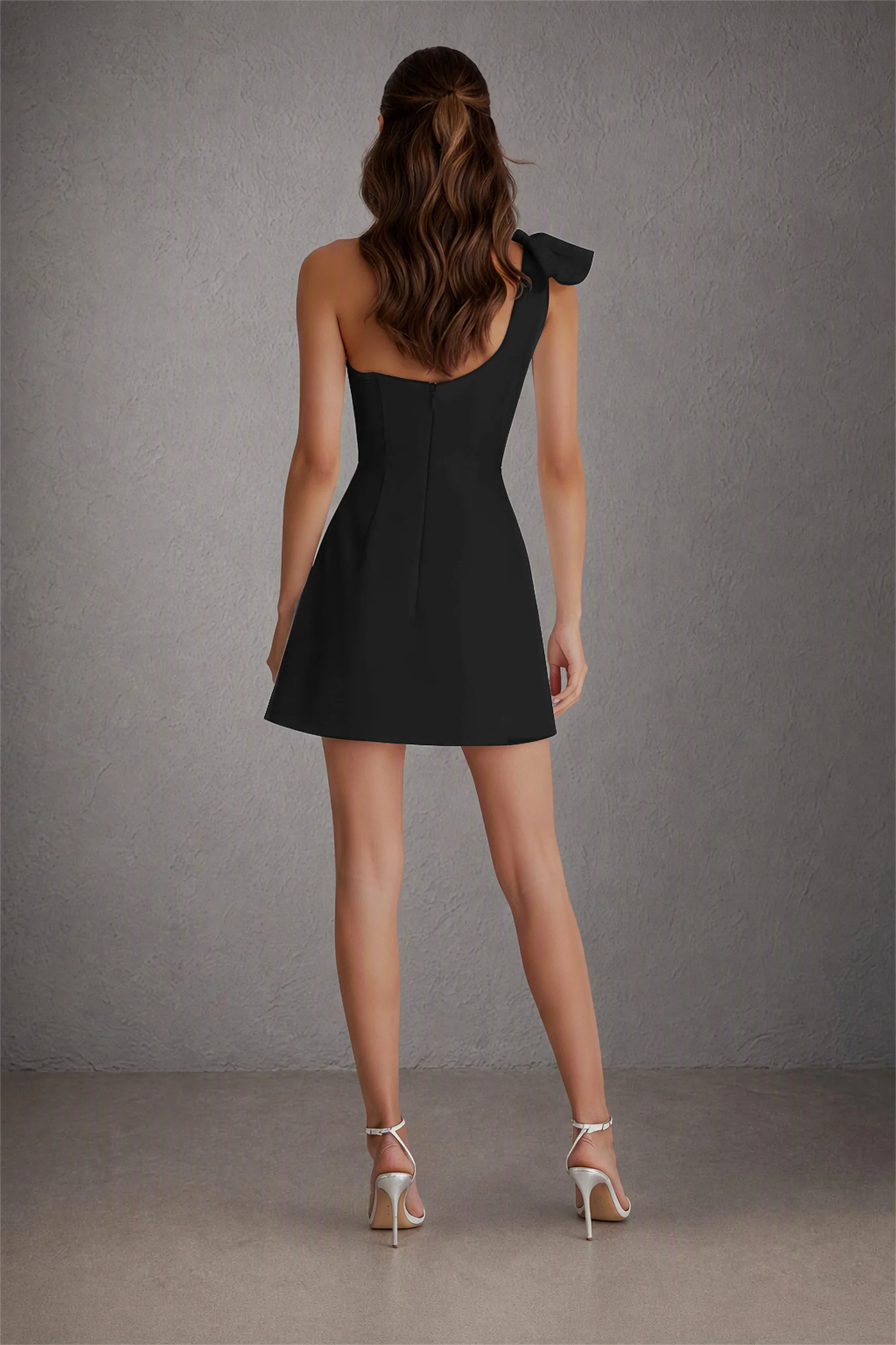 BOLODOO Black One-Shoulder Bow Detail A-Line Mini Dress | Sleeveless Cocktail Party Dress
